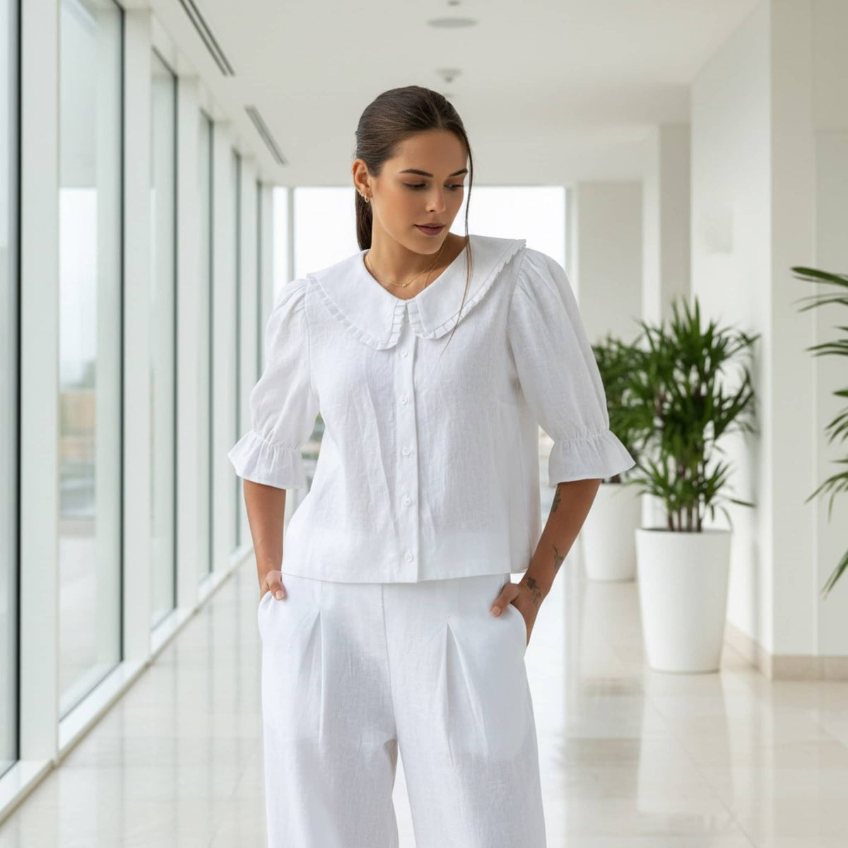 Peter Pan Linen Blouse, Ruffle Collar Puff Sleeve