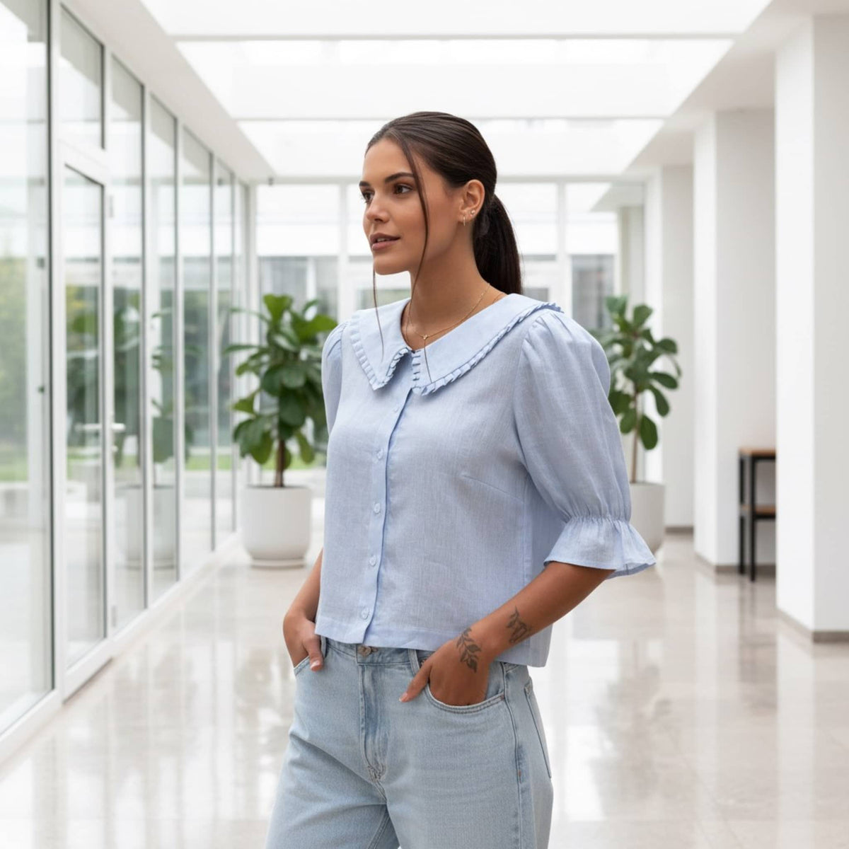 Peter Pan Linen Blouse, Ruffle Collar Puff Sleeve