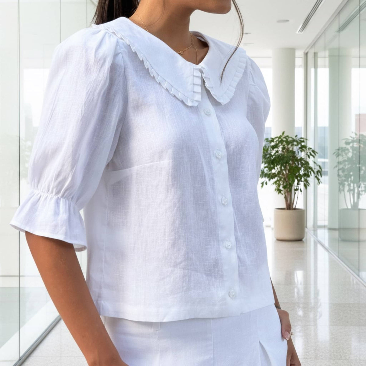 Peter Pan Linen Blouse, Ruffle Collar Puff Sleeve