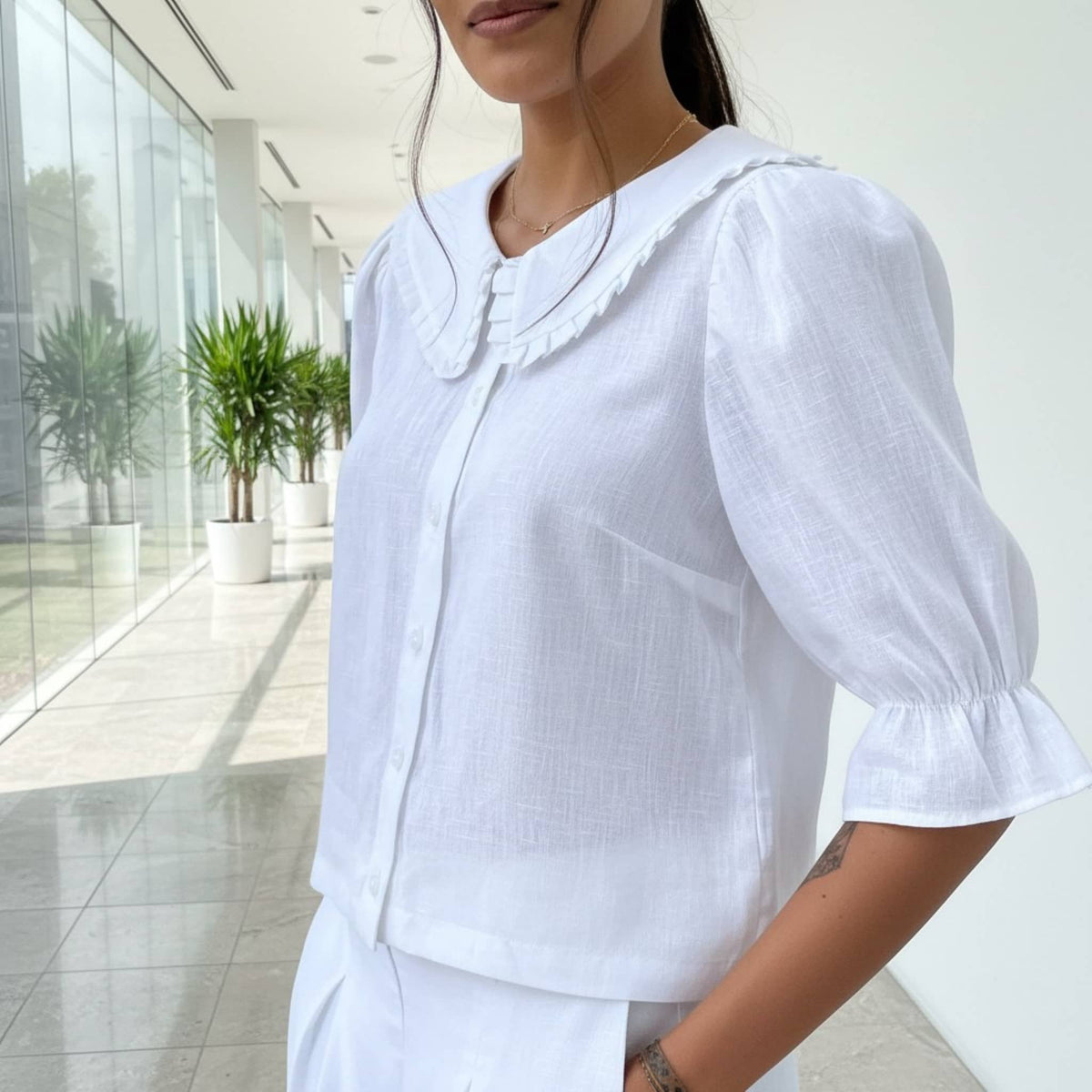 Peter Pan Linen Blouse, Ruffle Collar Puff Sleeve