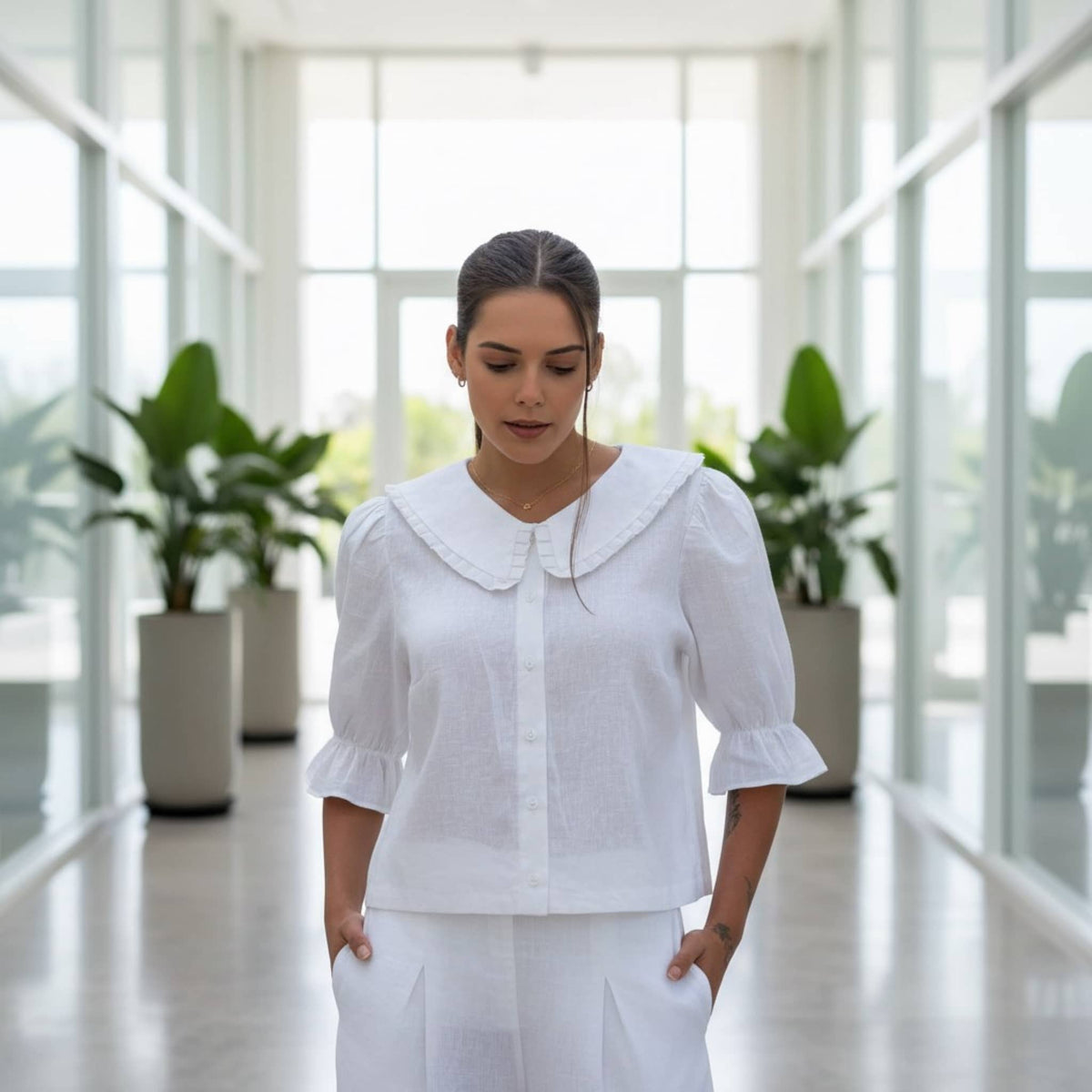 Peter Pan Linen Blouse, Ruffle Collar Puff Sleeve