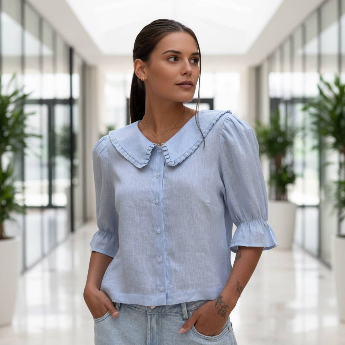 Peter Pan Linen Blouse, Ruffle Collar Puff Sleeve