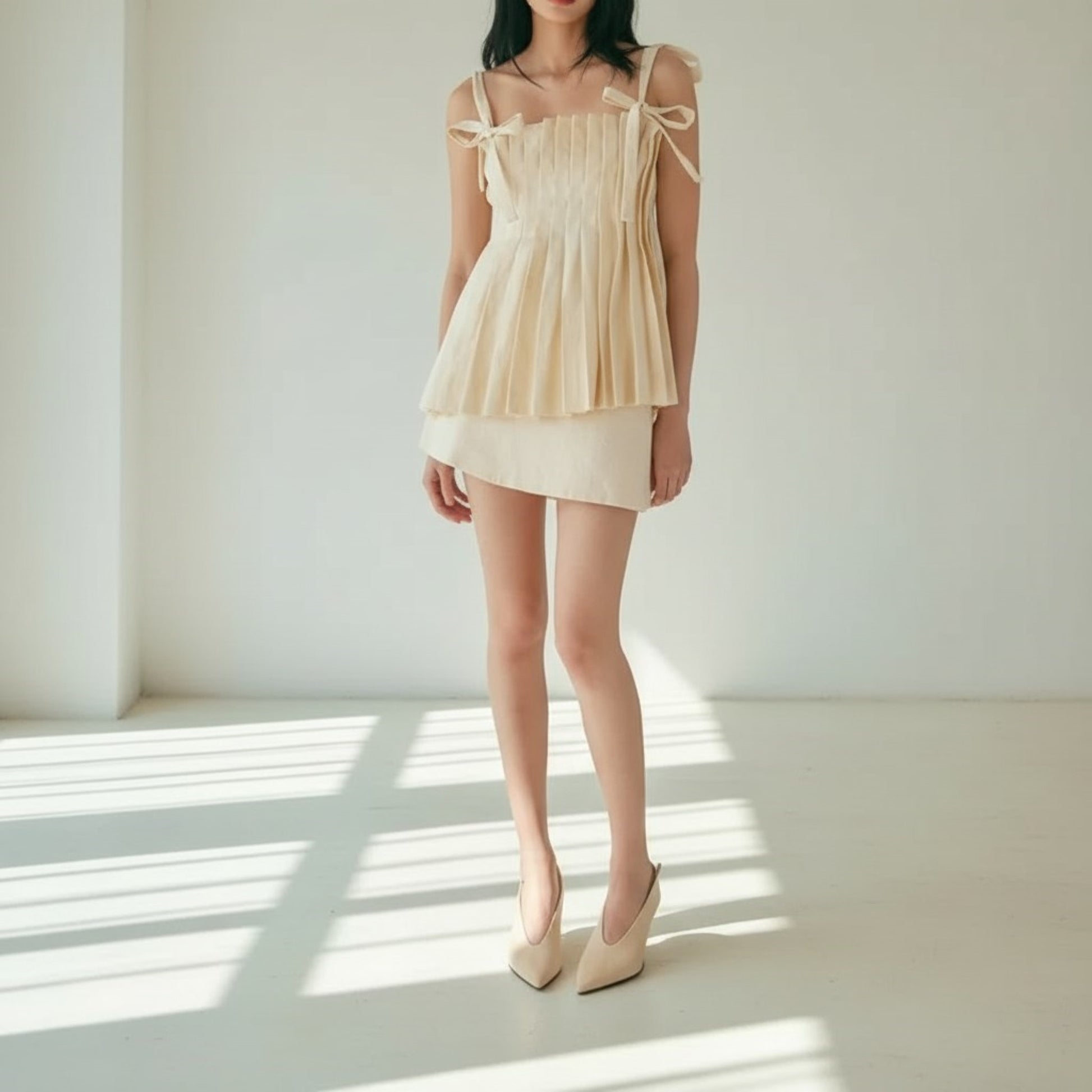 Pleated Linen Camisole Tops, Linen Tie Shoulder Top