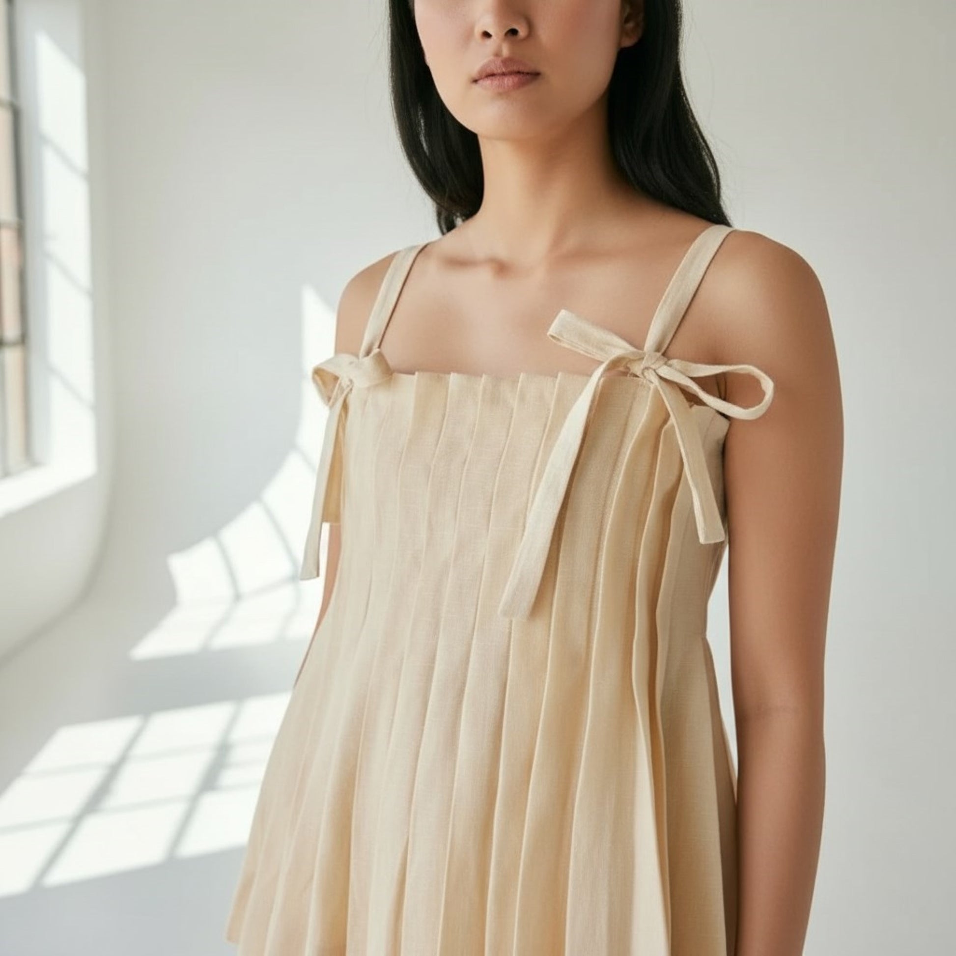 Pleated Linen Camisole Tops, Linen Tie Shoulder Top