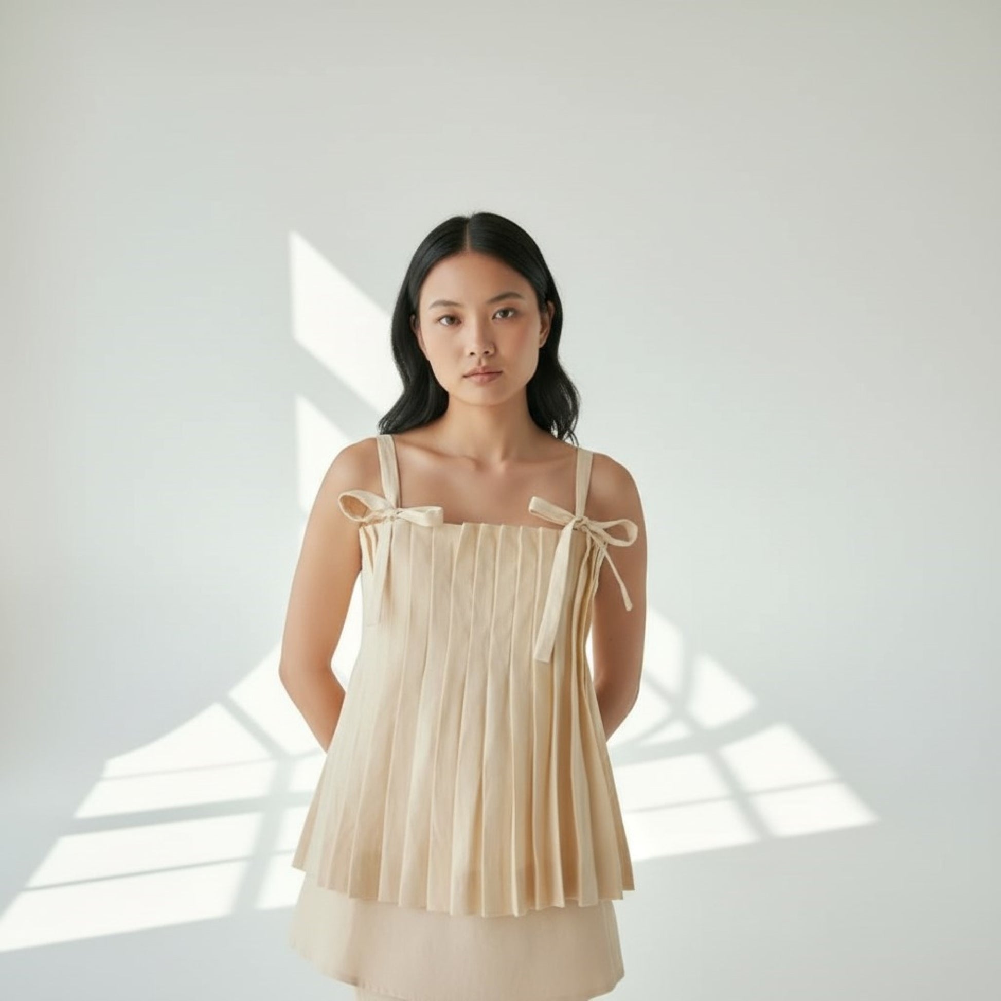 Pleated Linen Camisole Tops, Linen Tie Shoulder Top