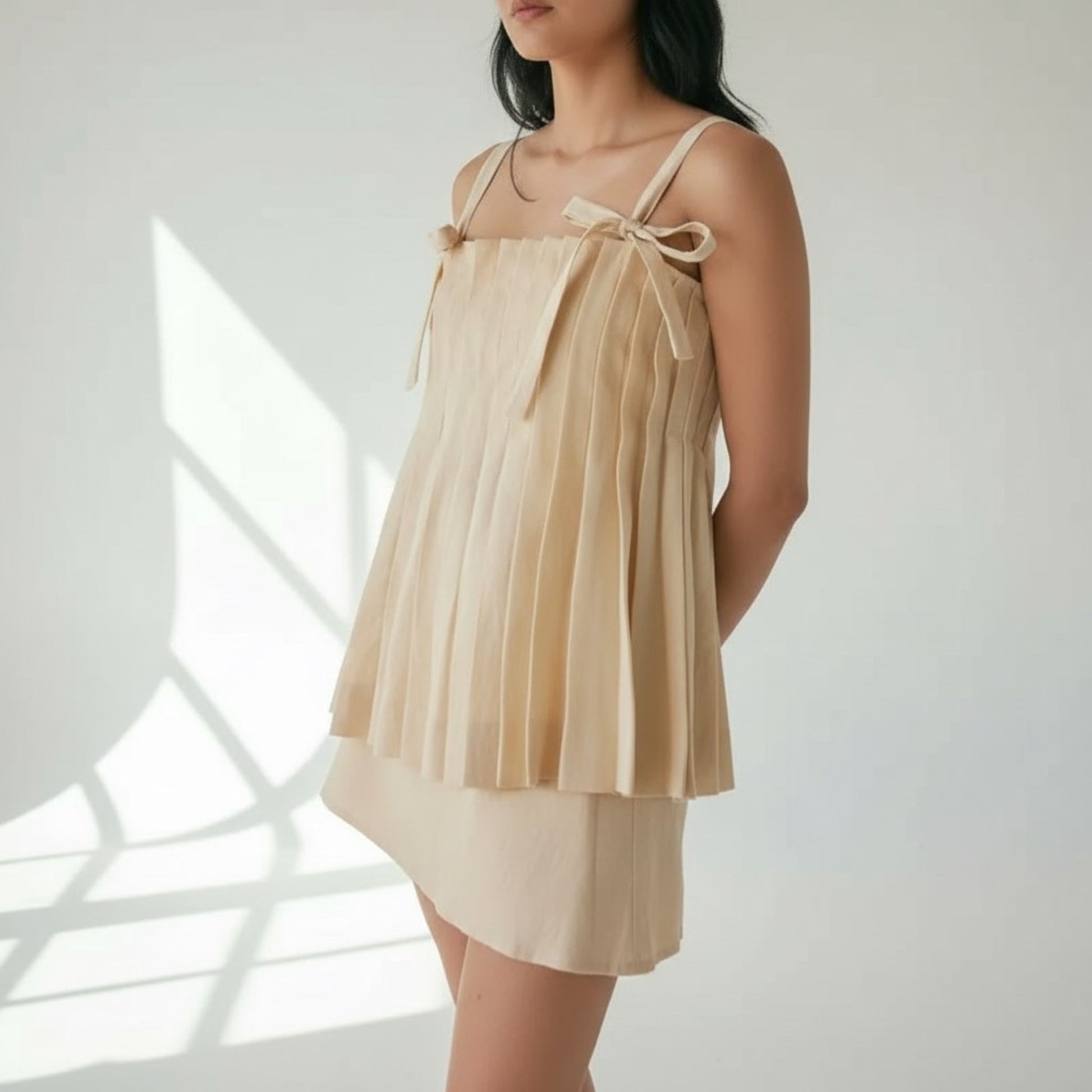 Pleated Linen Camisole Tops, Linen Tie Shoulder Top