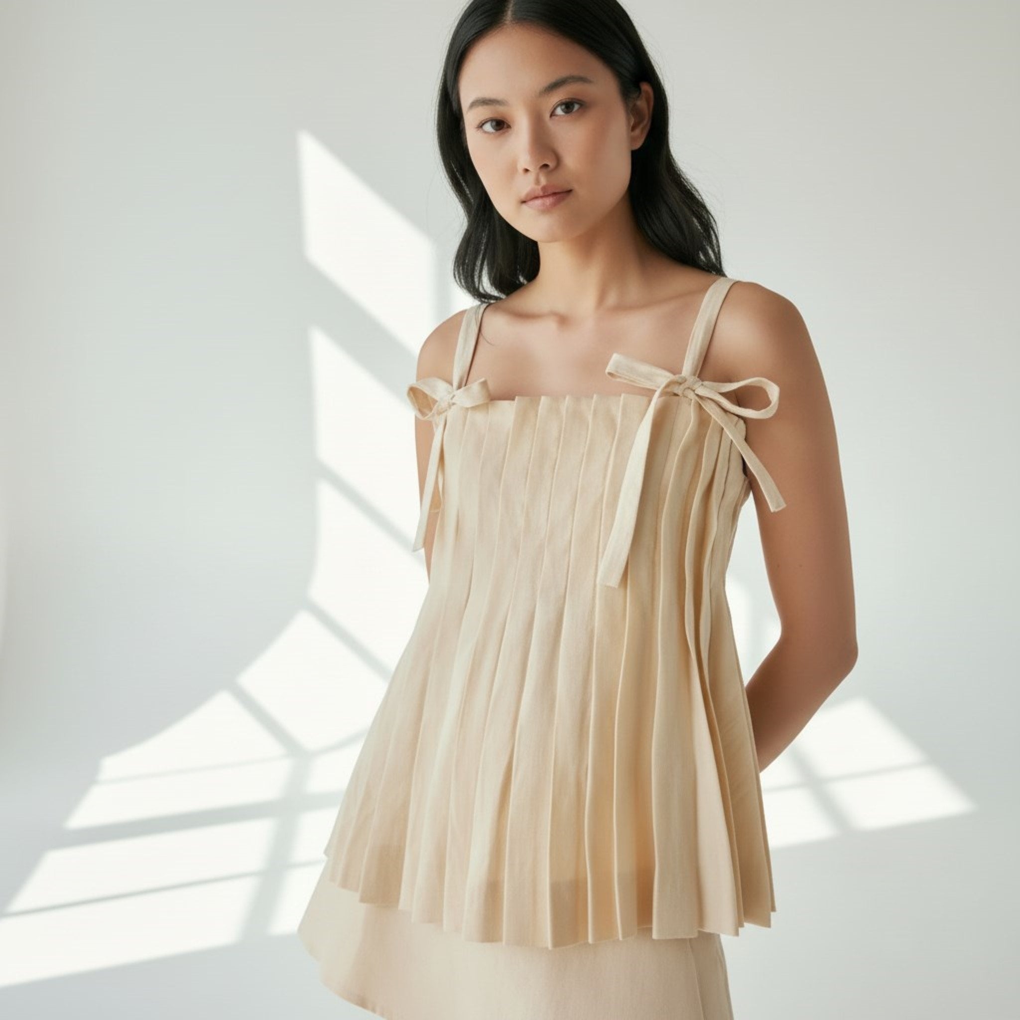 Pleated Linen Camisole Tops, Linen Tie Shoulder Top