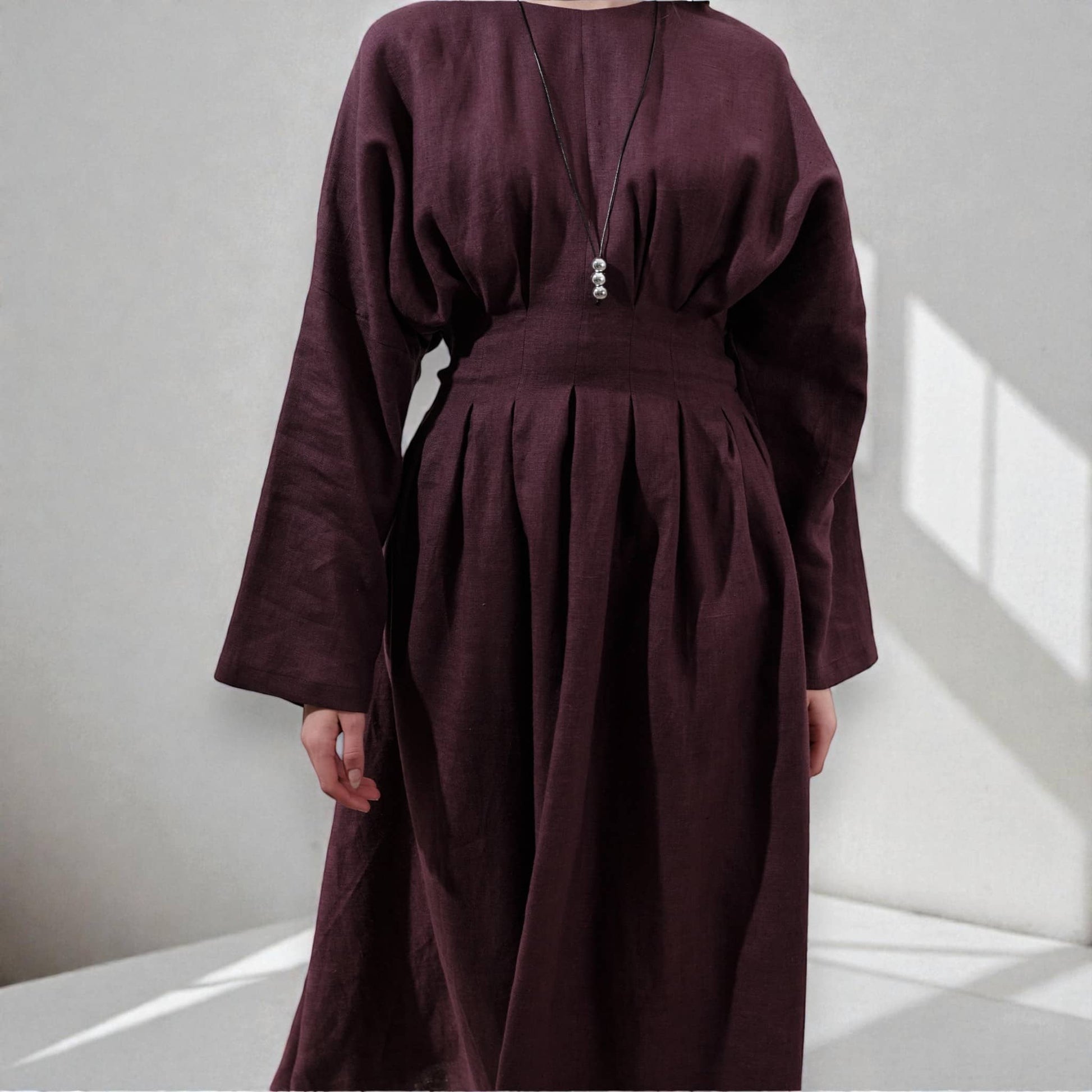 Pleated Linen Maxi Dress, Long Sleeve Linen Dress