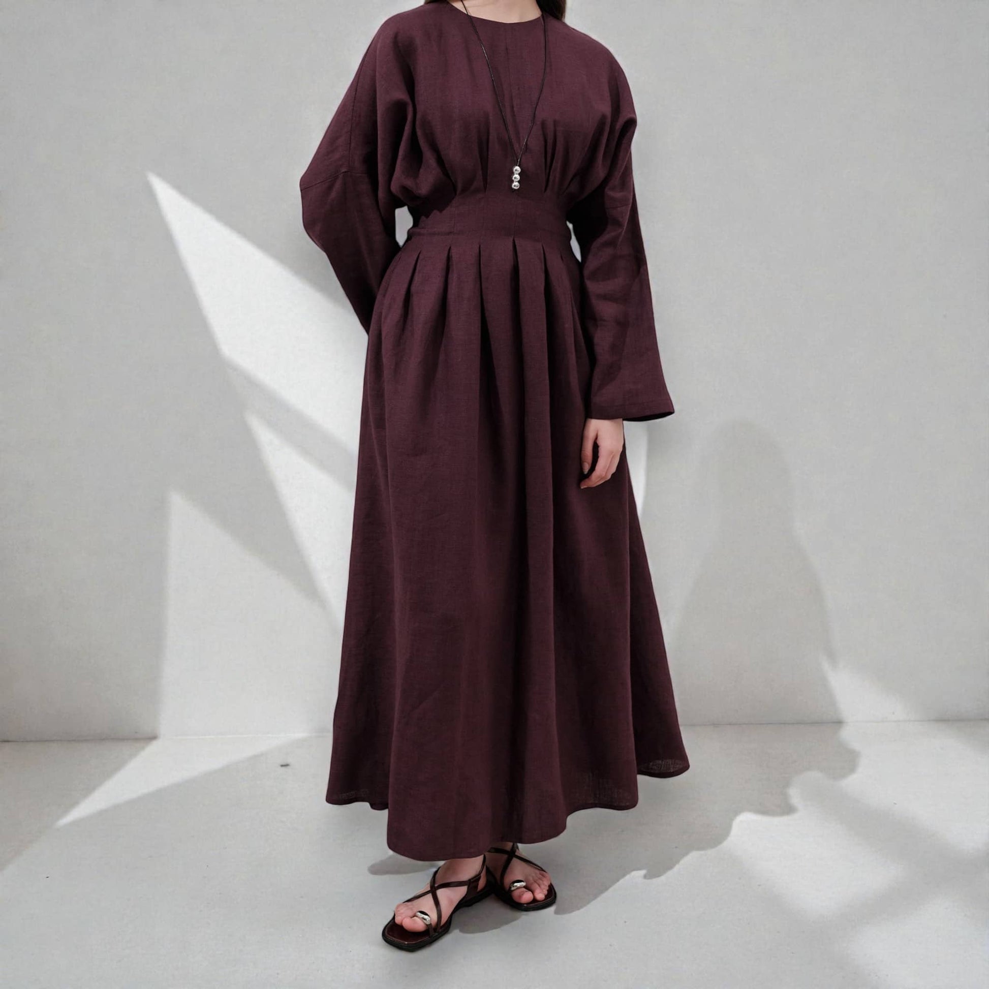 Pleated Linen Maxi Dress, Long Sleeve Linen Dress