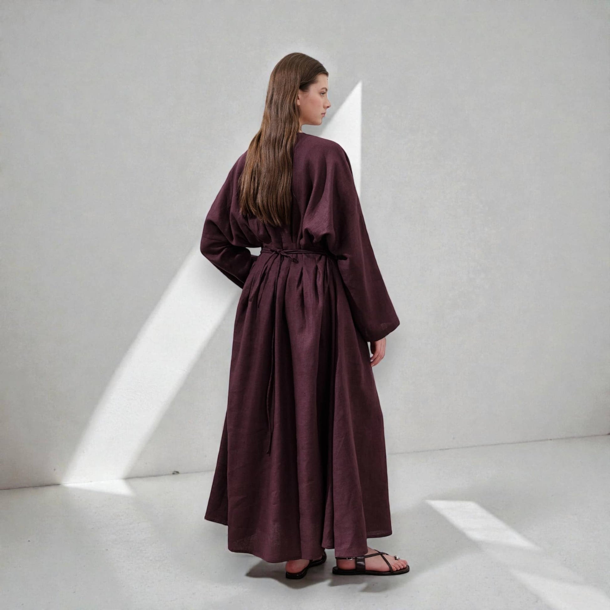 Pleated Linen Maxi Dress, Long Sleeve Linen Dress