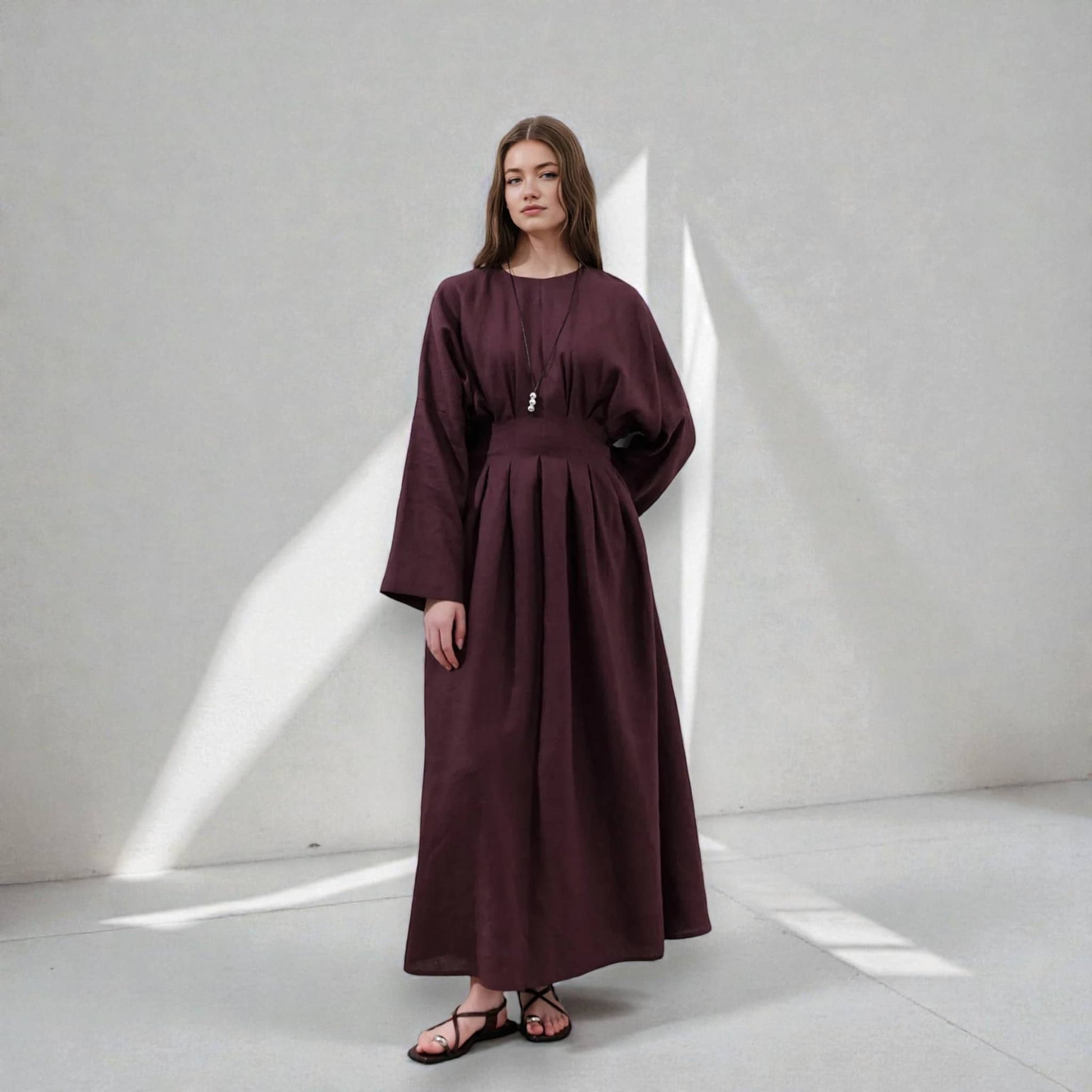 Pleated Linen Maxi Dress, Long Sleeve Linen Dress