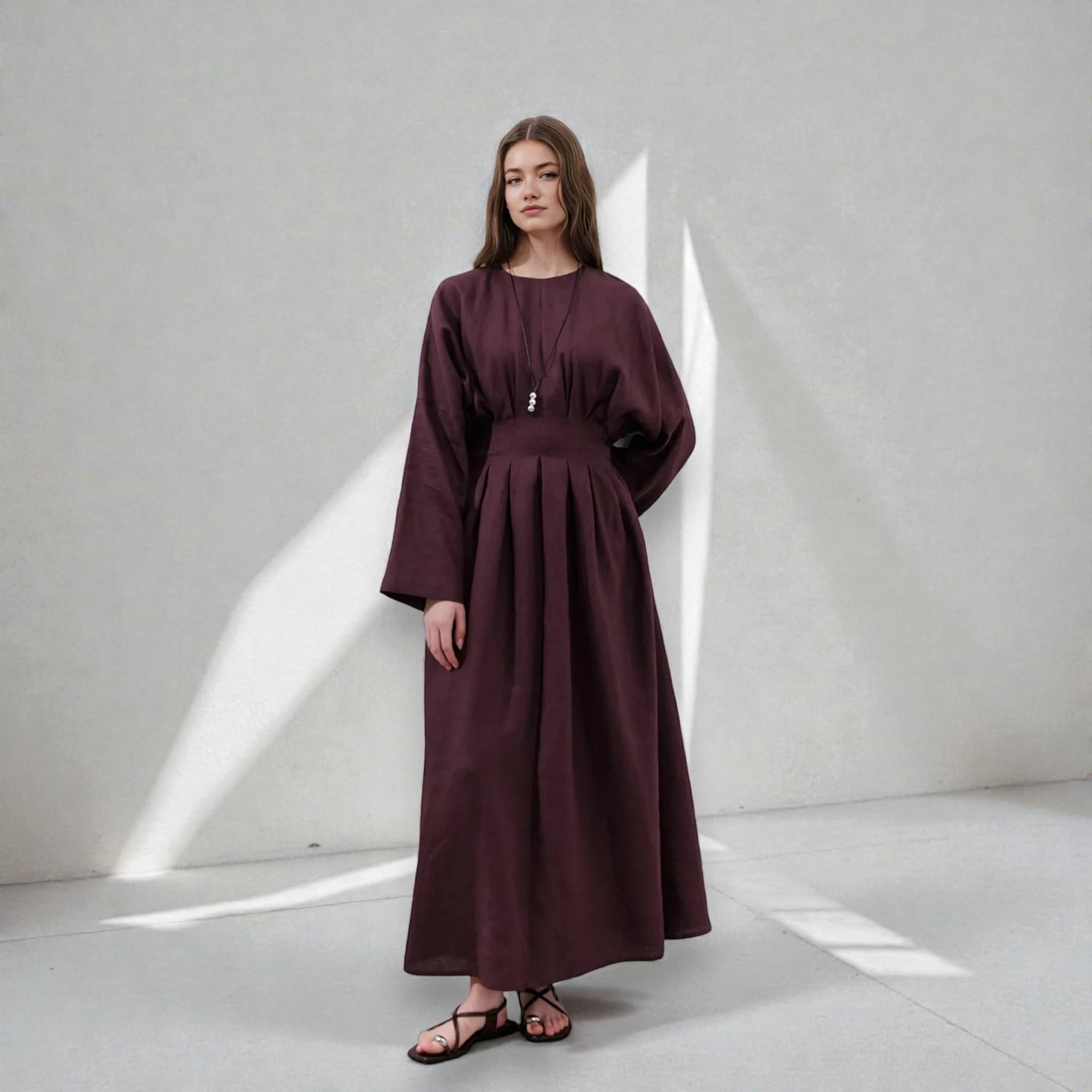 Pleated Linen Maxi Dress, Long Sleeve Linen Dress