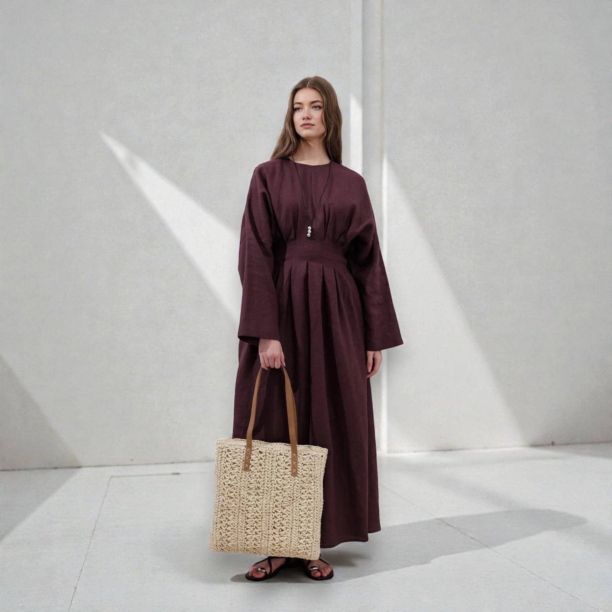 Pleated Linen Maxi Dress, Long Sleeve Linen Dress