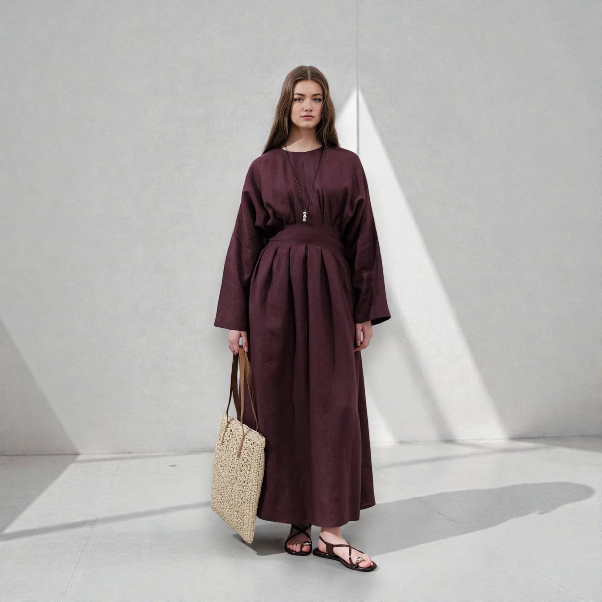 Pleated Linen Maxi Dress, Long Sleeve Linen Dress