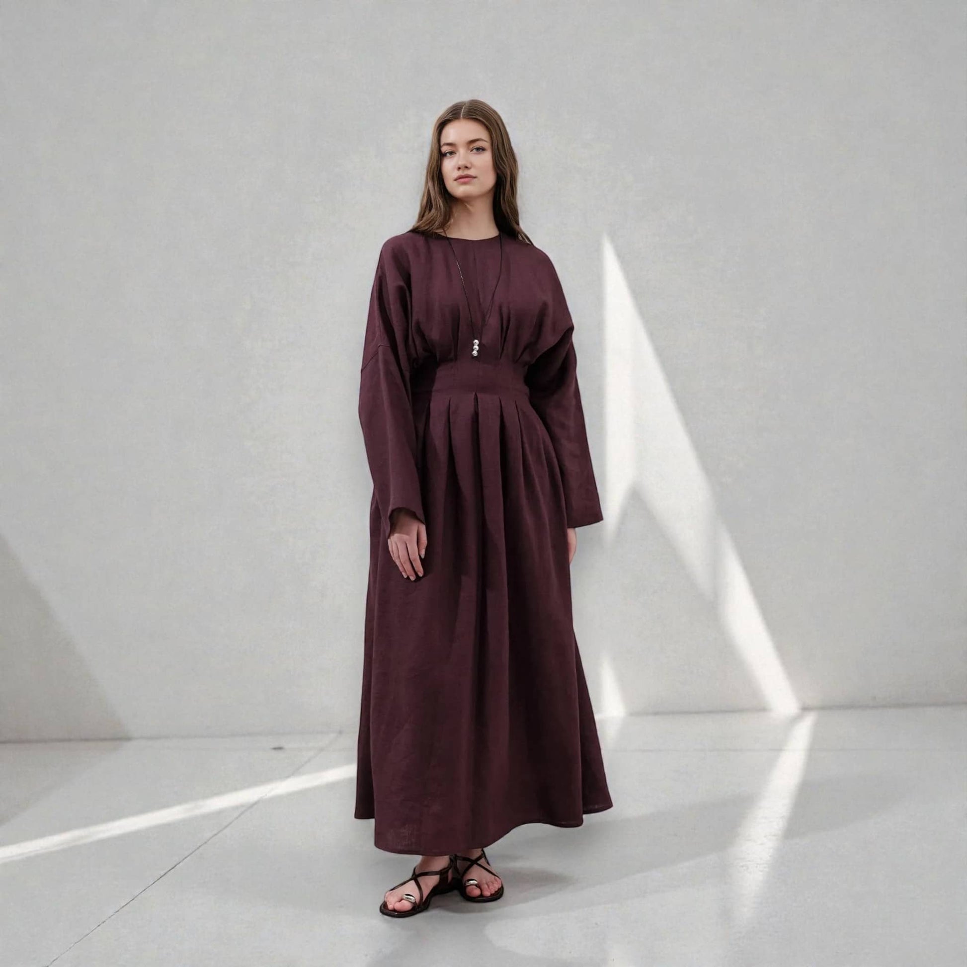 Pleated Linen Maxi Dress, Long Sleeve Linen Dress