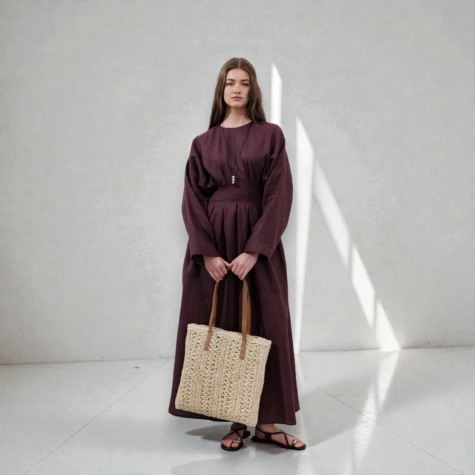 Pleated Linen Maxi Dress, Long Sleeve Linen Dress