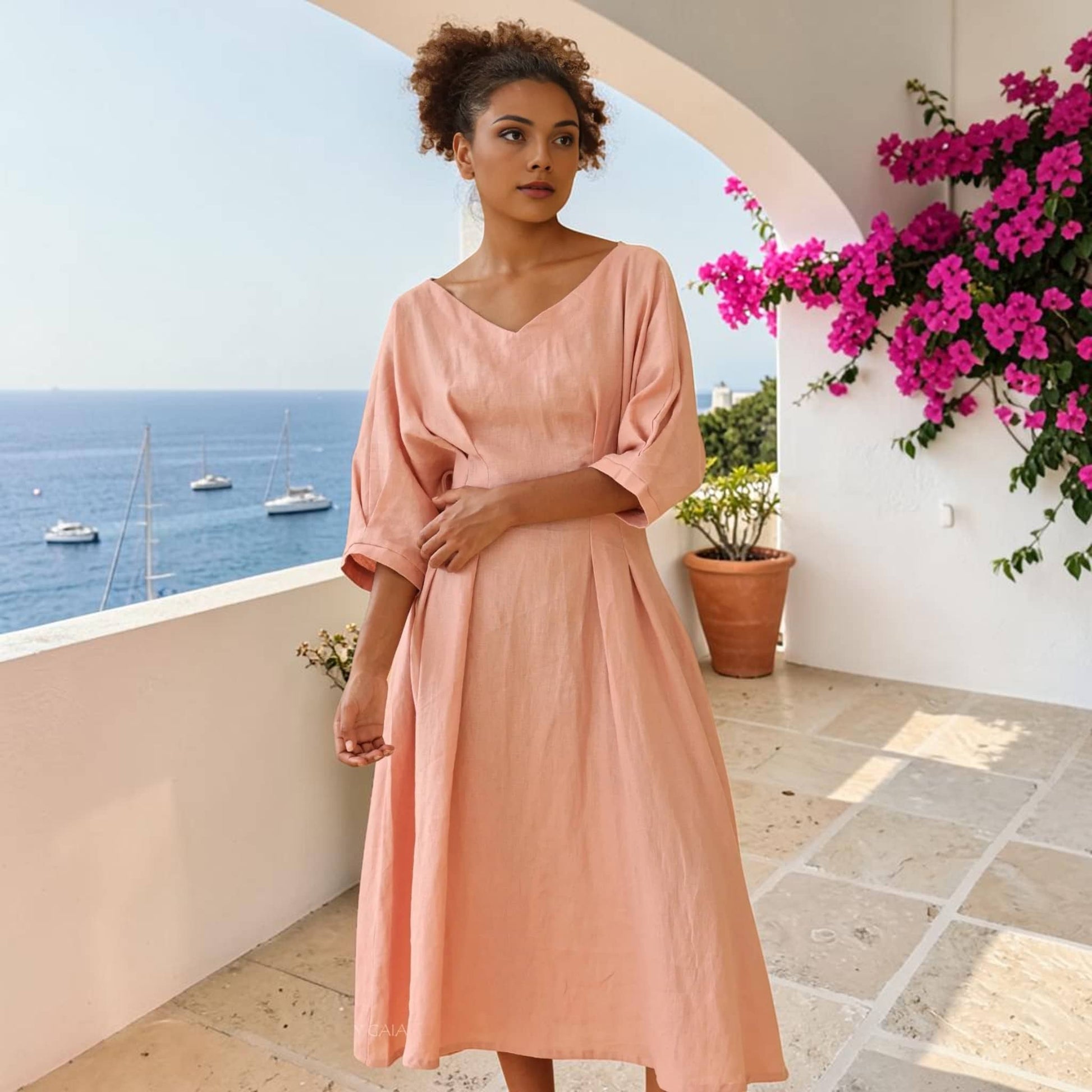 Pleated Linen Midi Dress, Boat Neck Dolman Sleeves