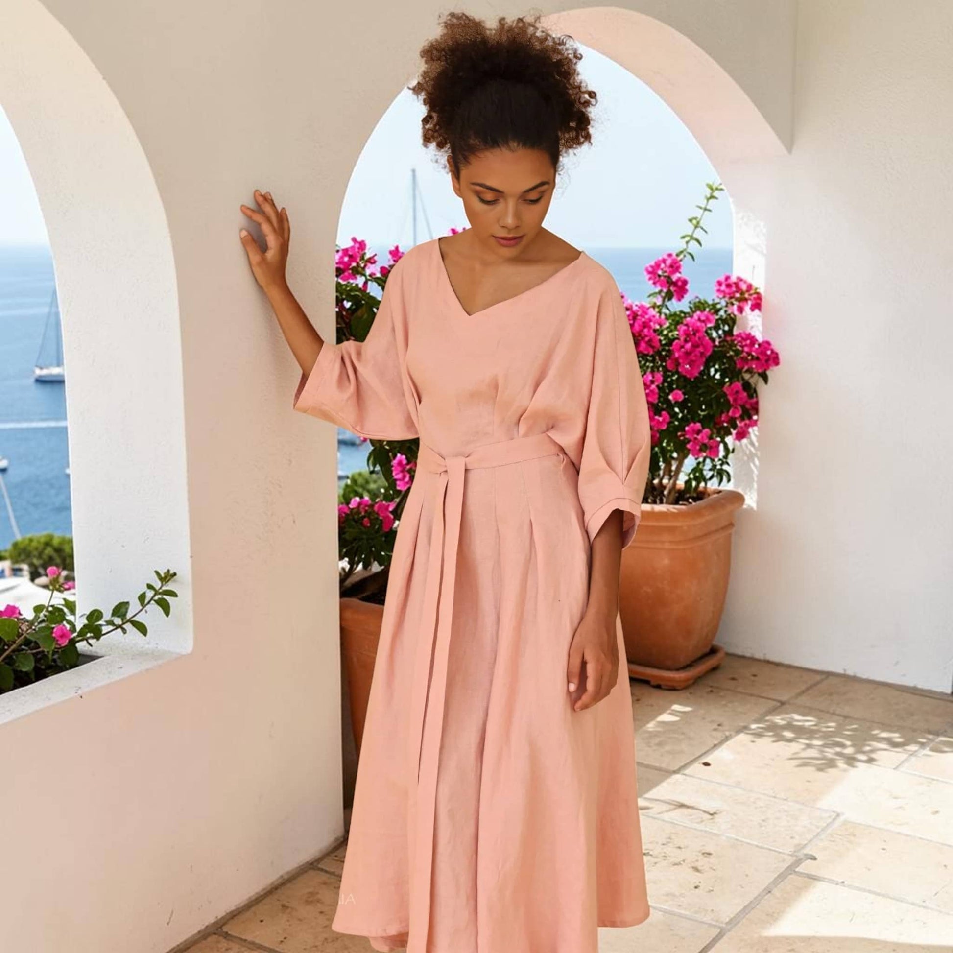 Pleated Linen Midi Dress, Boat Neck Dolman Sleeves