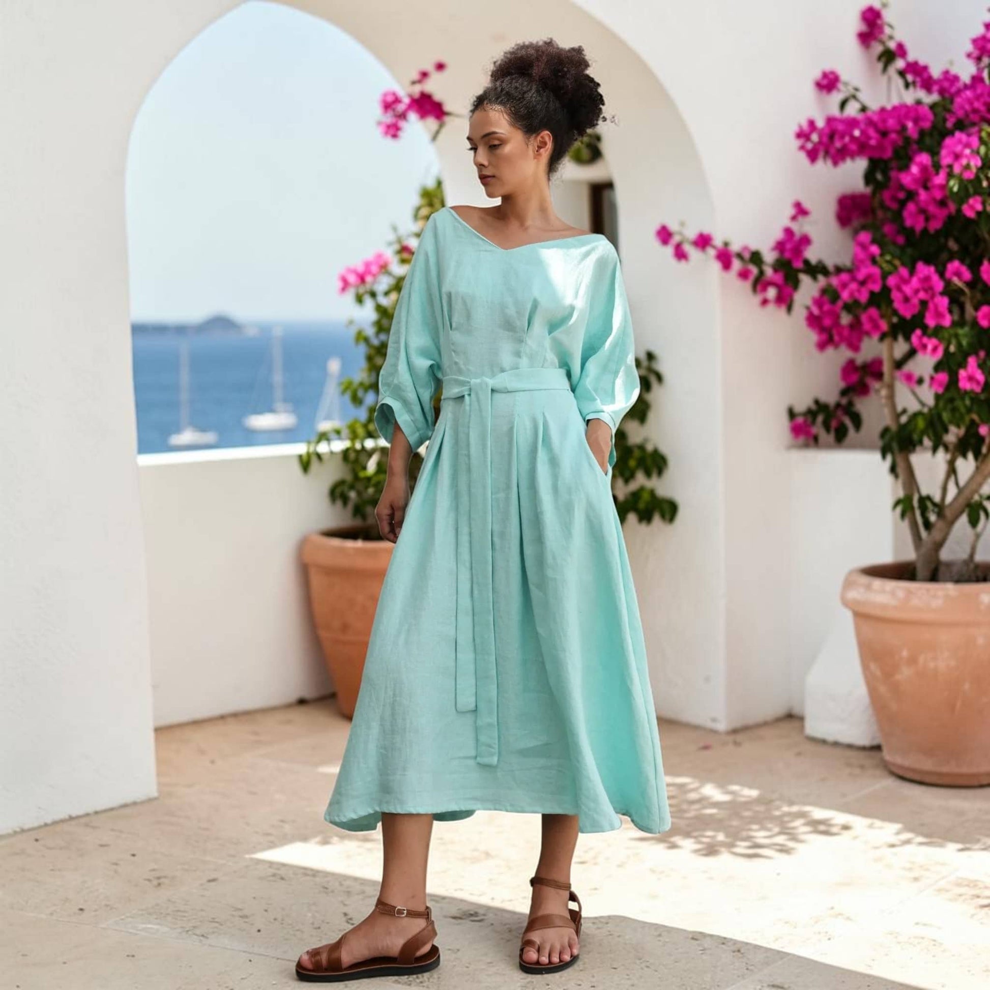 Pleated Linen Midi Dress, Boat Neck Dolman Sleeves