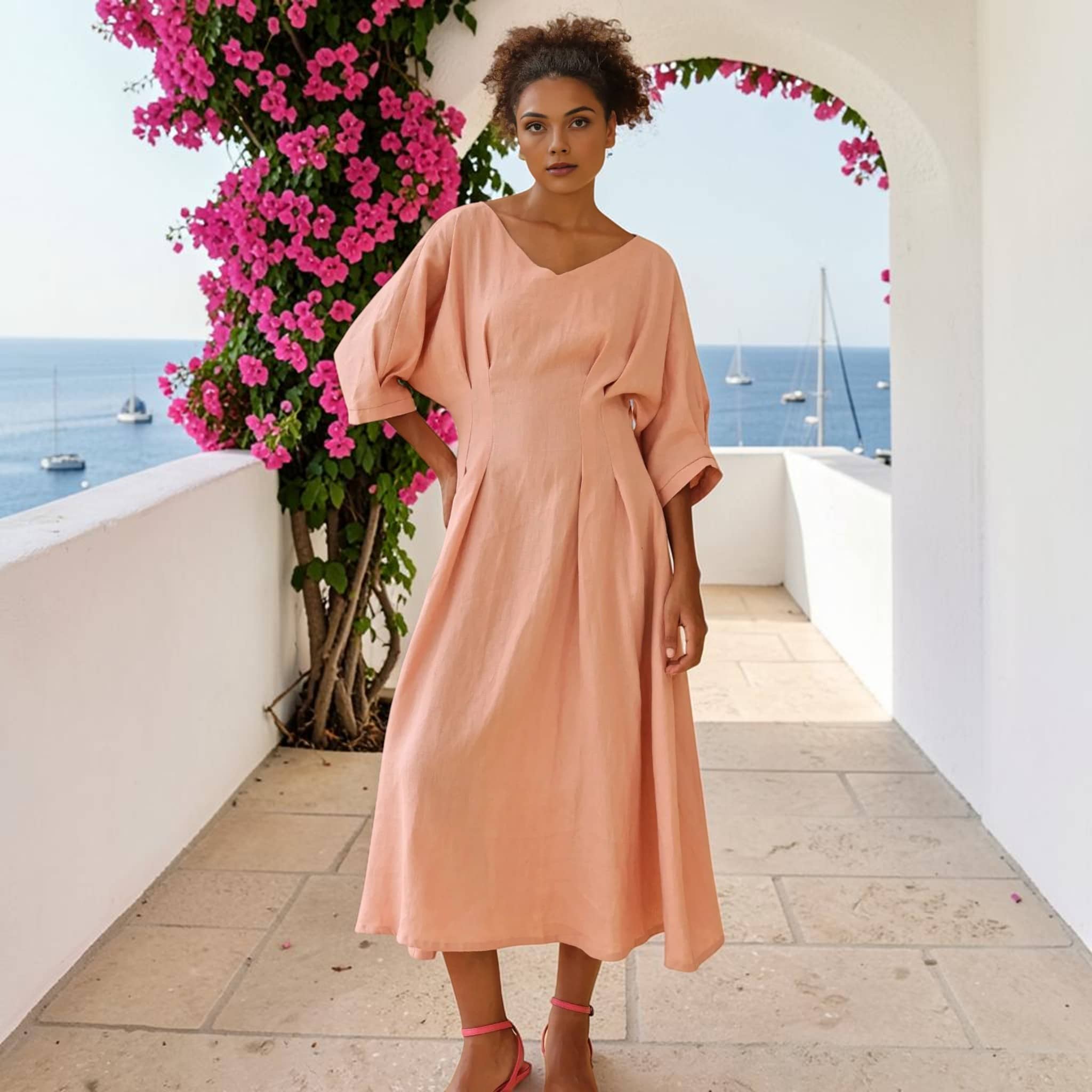 Pleated Linen Midi Dress, Boat Neck Dolman Sleeves