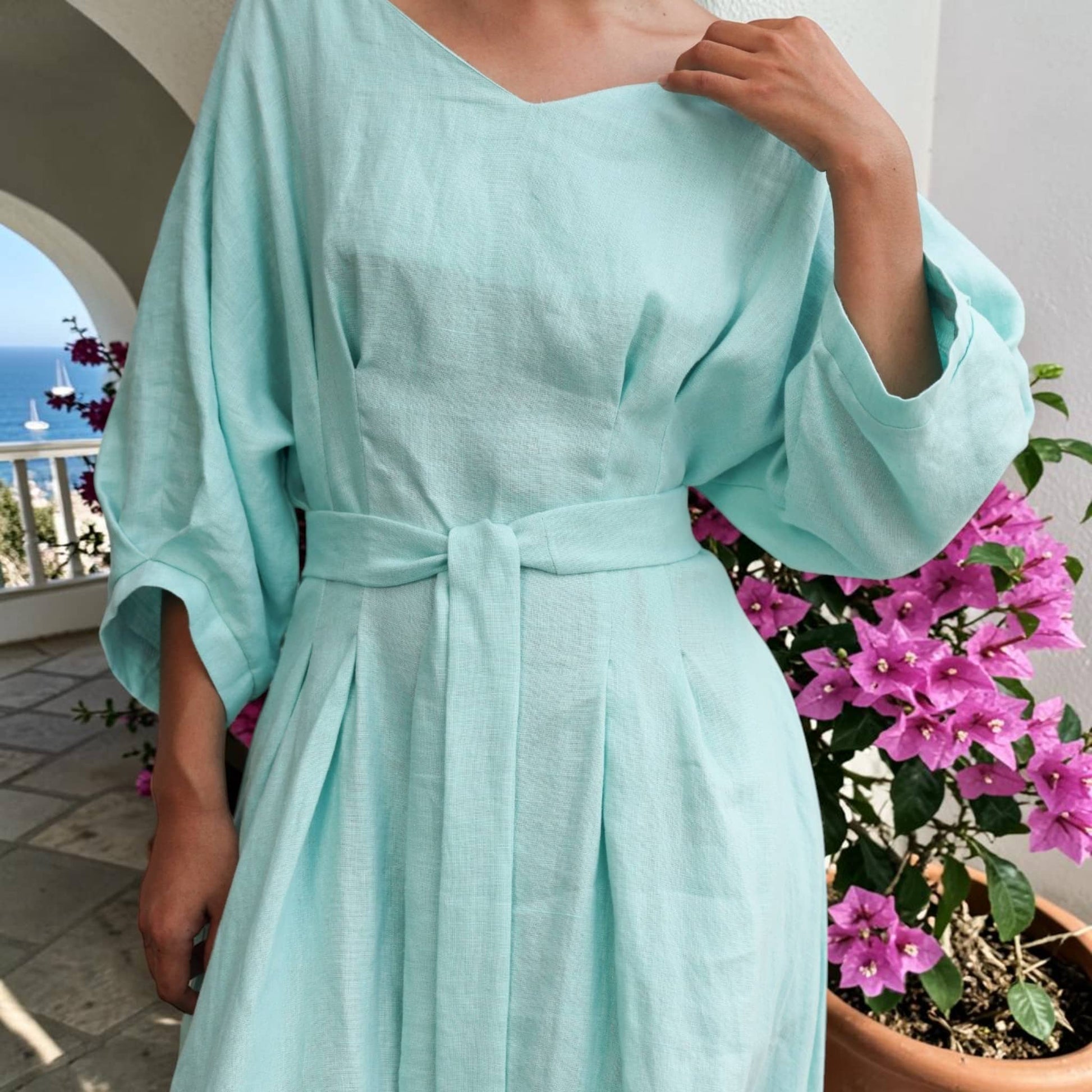 Pleated Linen Midi Dress, Boat Neck Dolman Sleeves