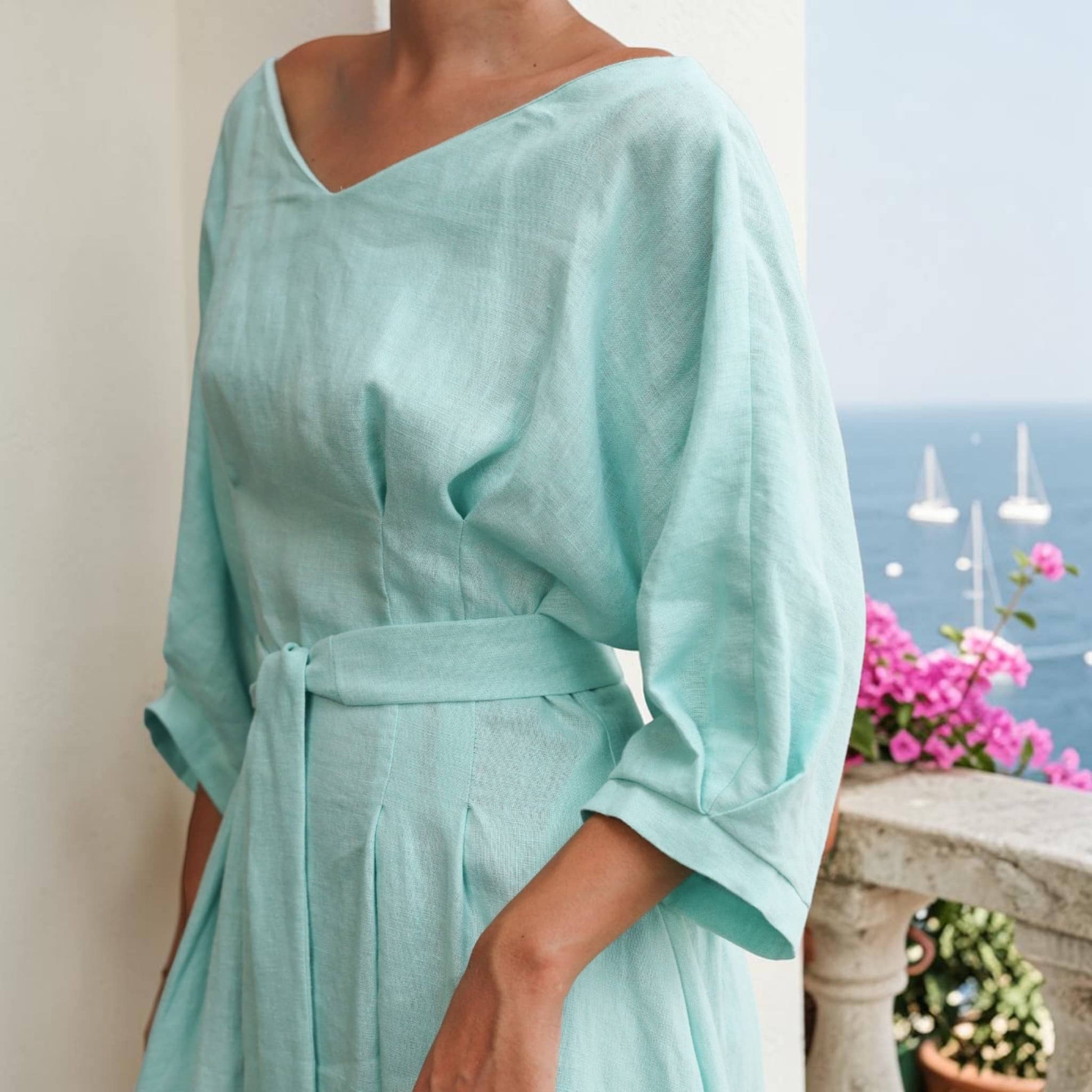 Pleated Linen Midi Dress, Boat Neck Dolman Sleeves