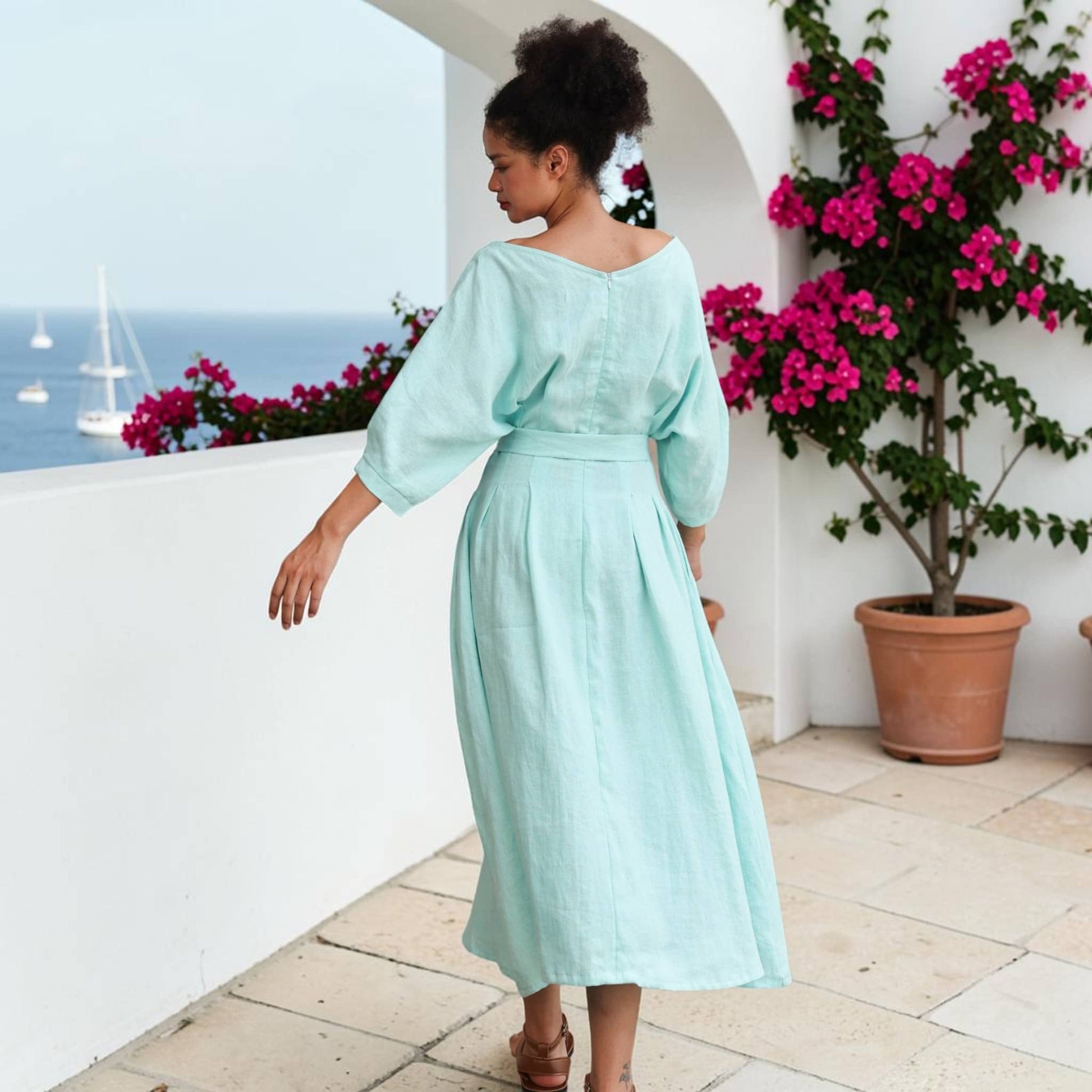 Pleated Linen Midi Dress, Boat Neck Dolman Sleeves