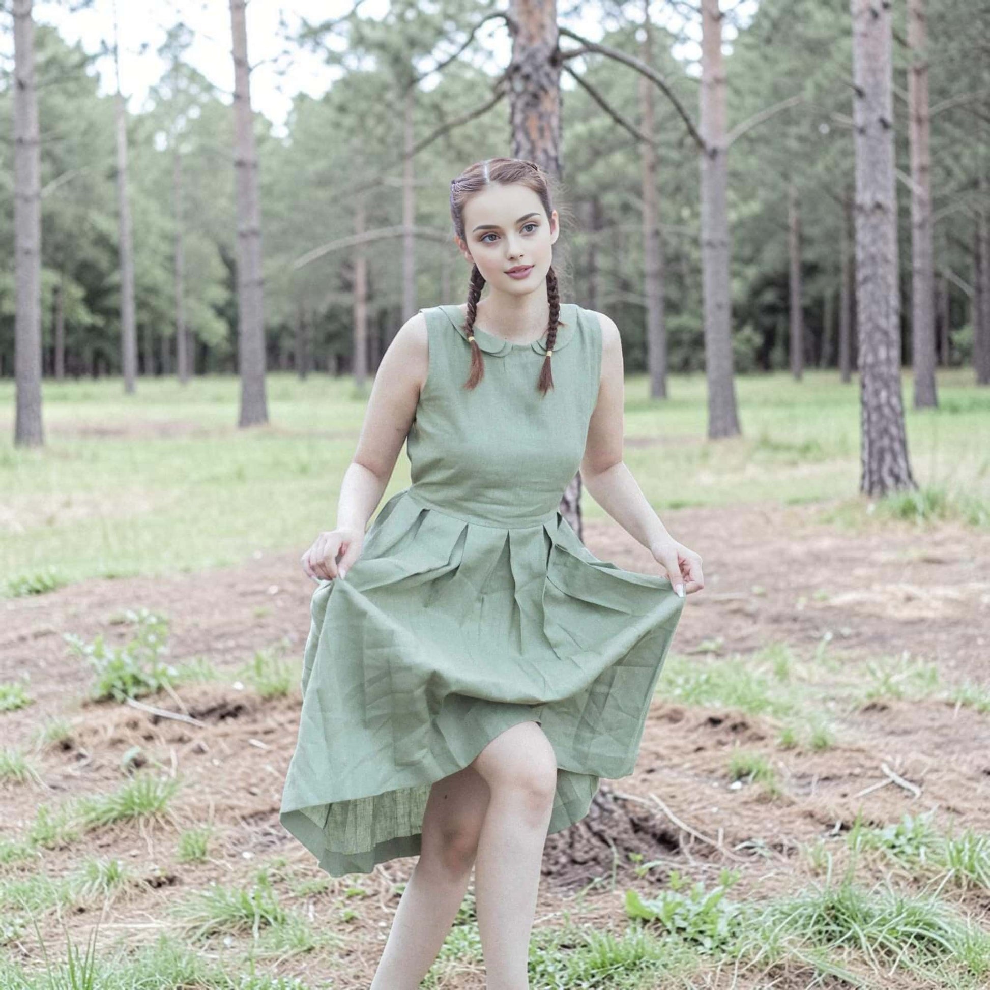 Pleated Linen Midi Dress, Peter Pan Collar