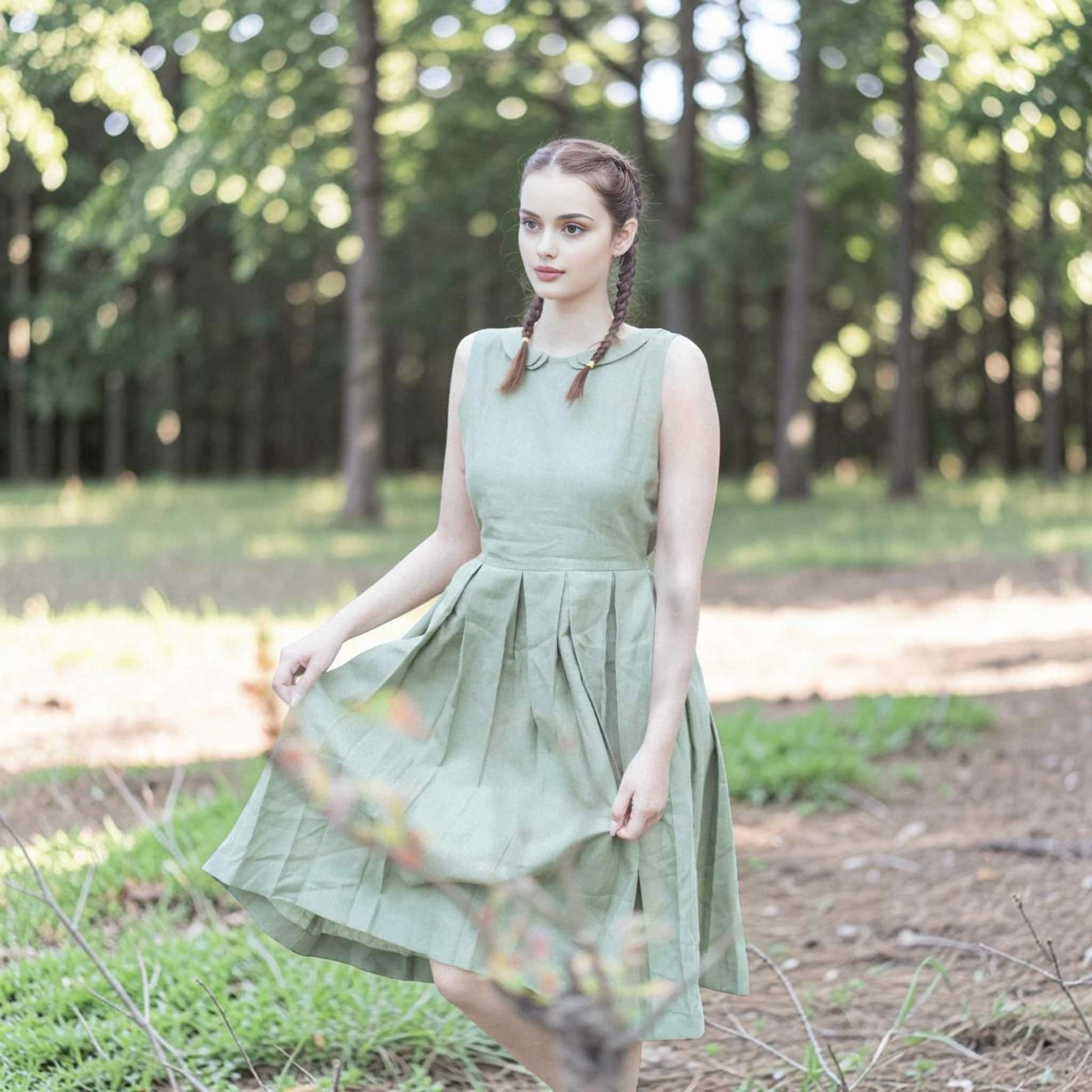 Pleated Linen Midi Dress, Peter Pan Collar