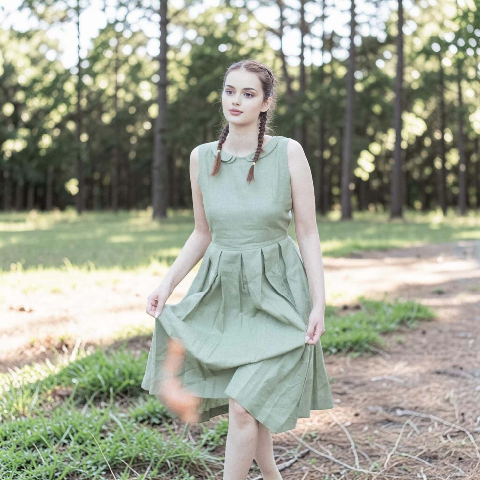 Pleated Linen Midi Dress, Peter Pan Collar