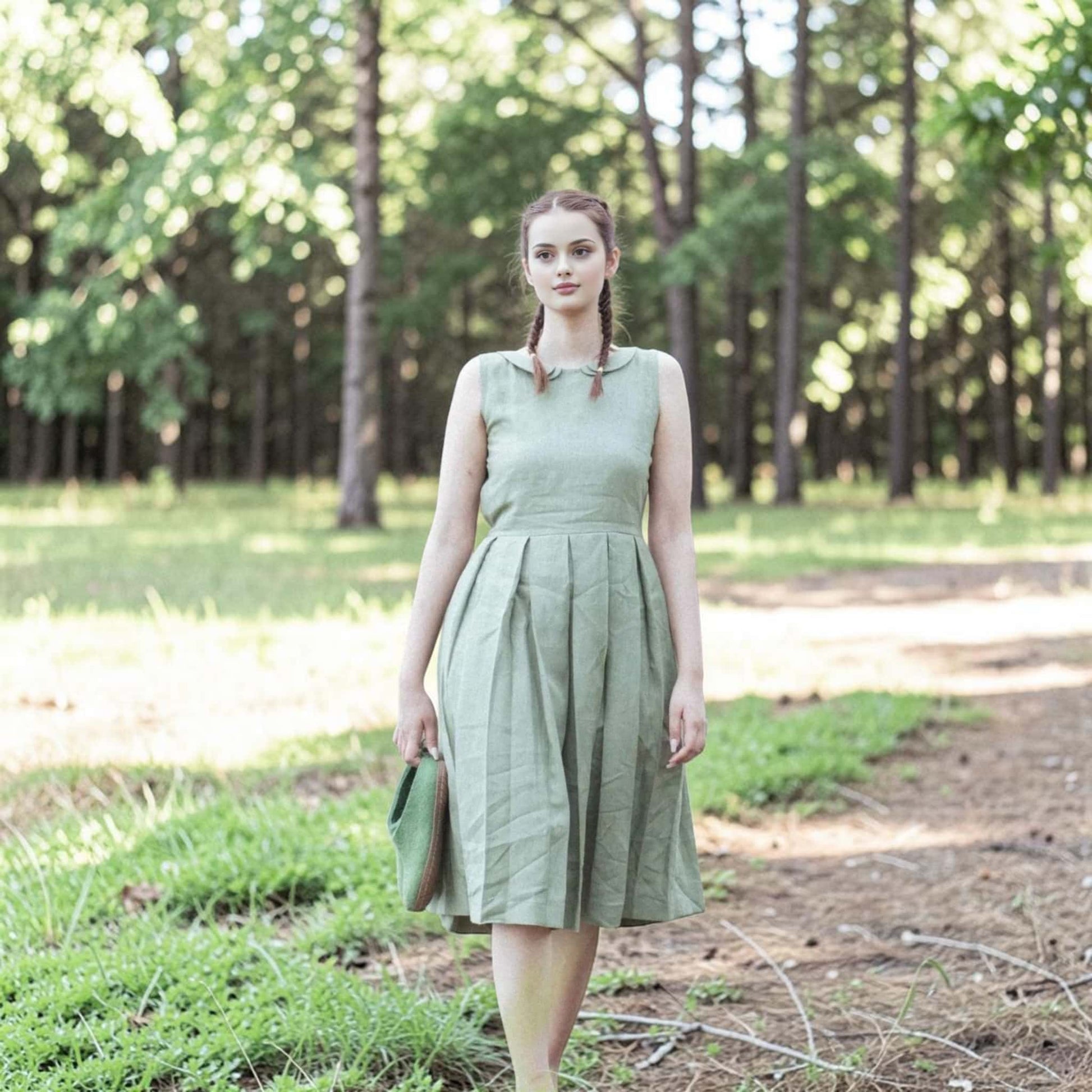 Pleated Linen Midi Dress, Peter Pan Collar