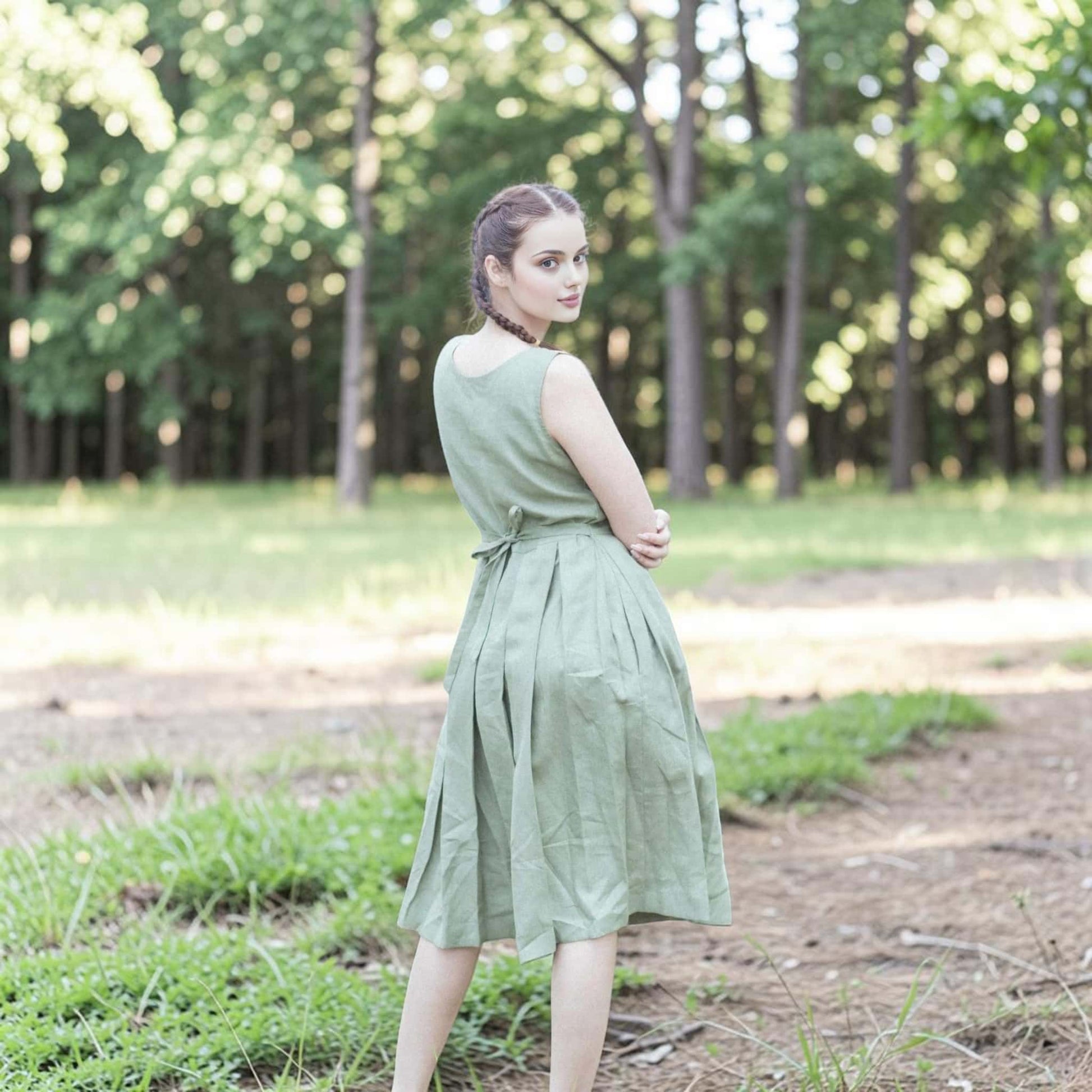 Pleated Linen Midi Dress, Peter Pan Collar
