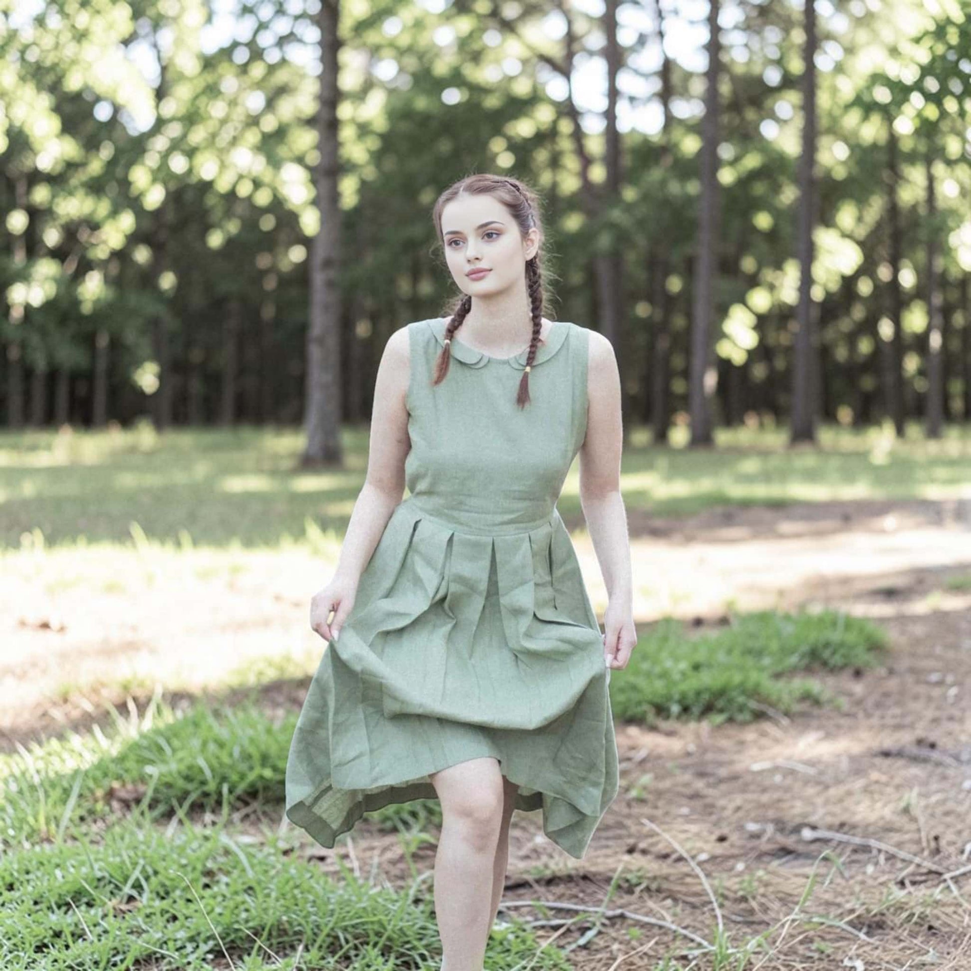 Pleated Linen Midi Dress, Peter Pan Collar