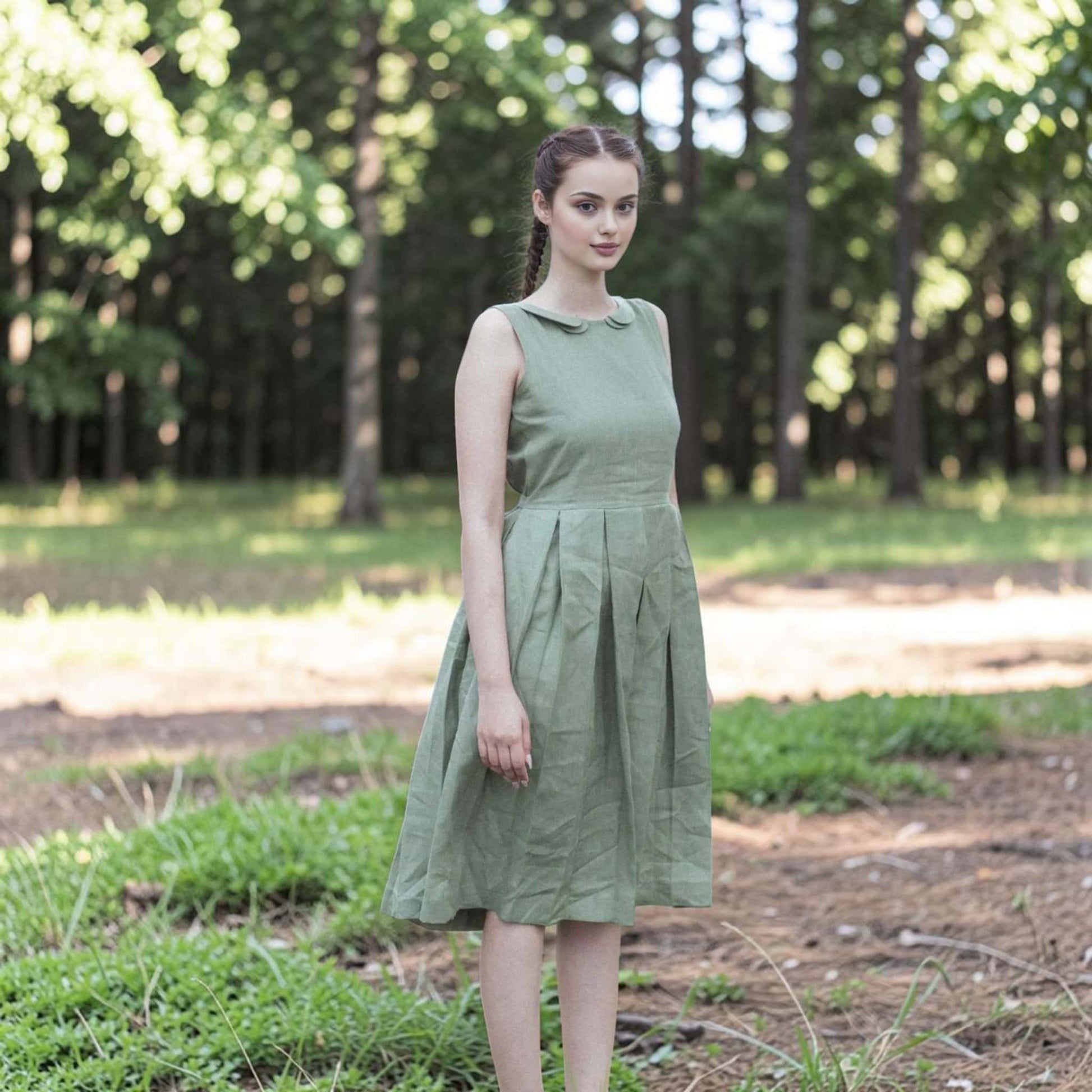 Pleated Linen Midi Dress, Peter Pan Collar