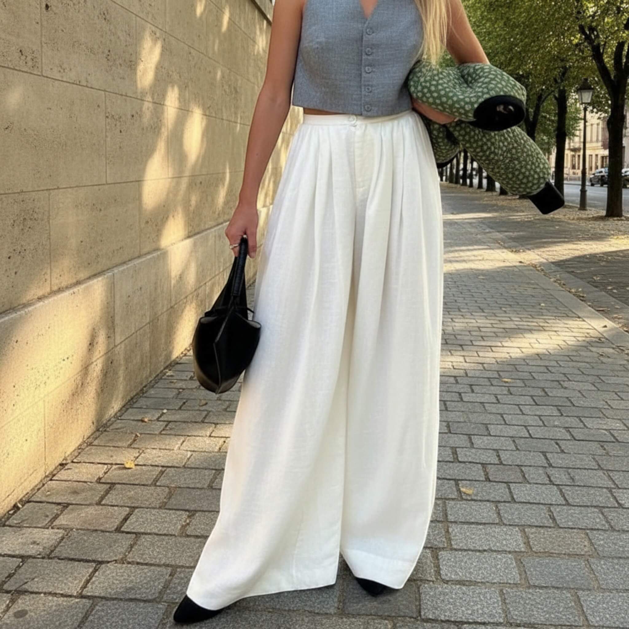Pleated Linen Palazzo Pants, High Waist Wide Leg Pants