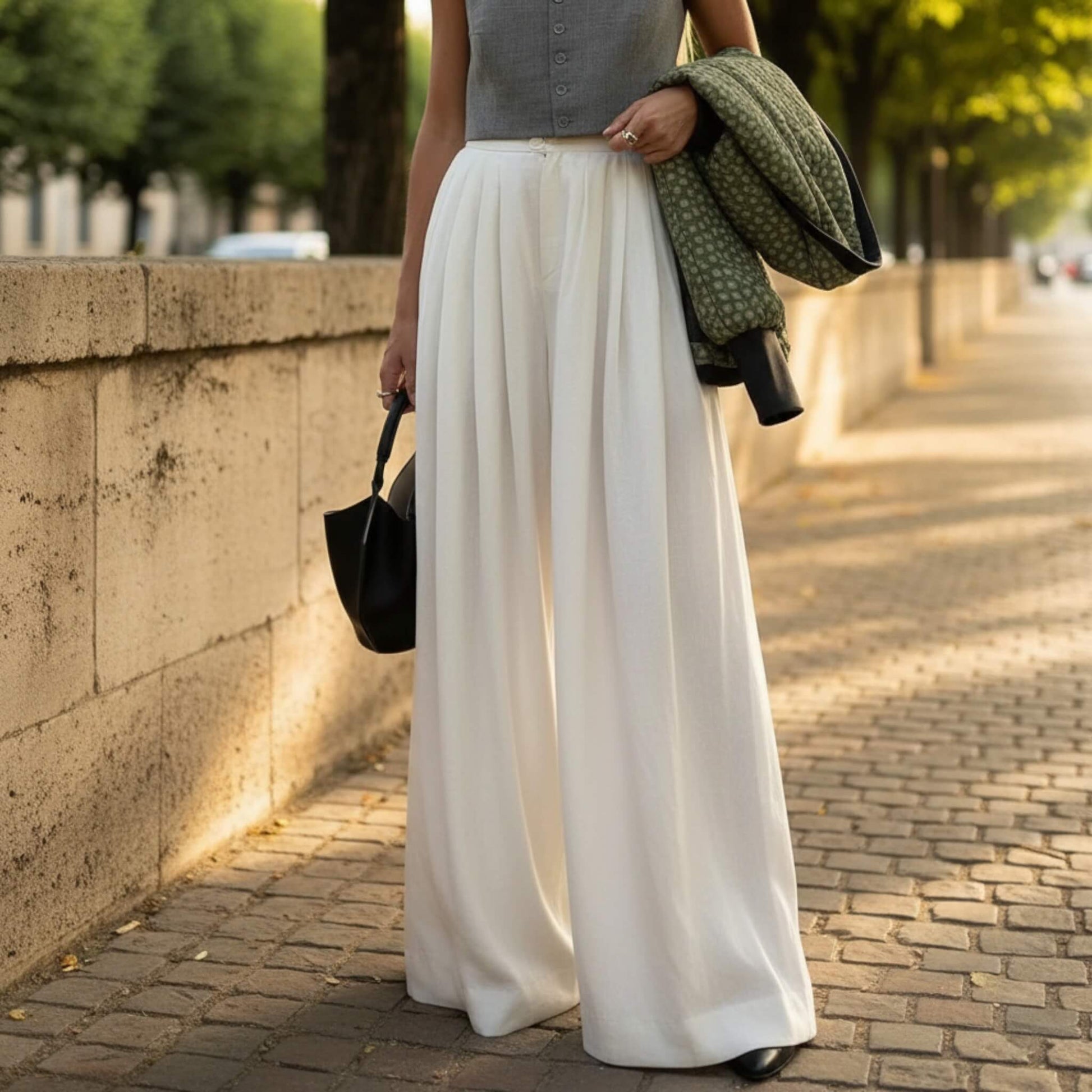Pleated Linen Palazzo Pants, High Waist Wide Leg Pants