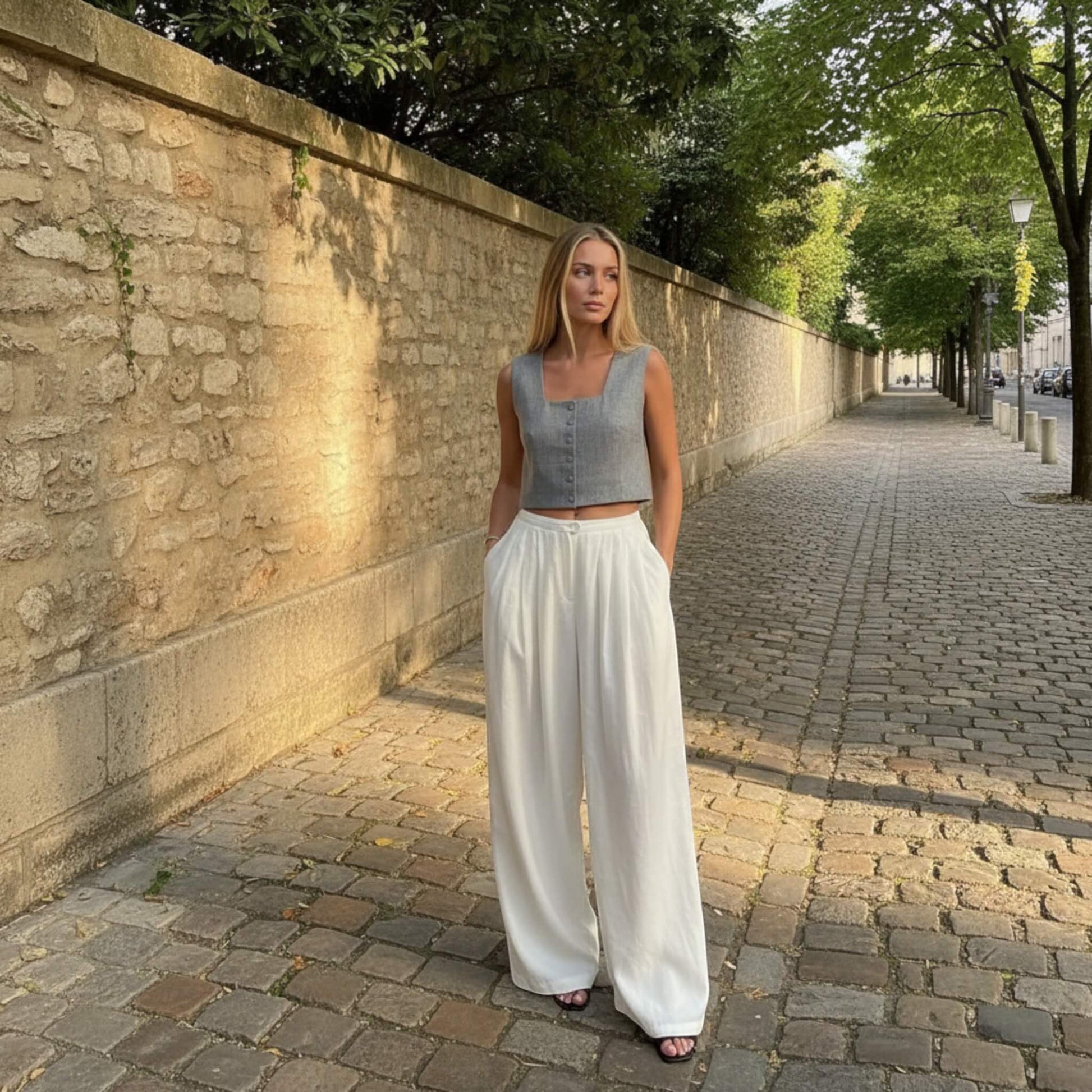 Pleated Linen Palazzo Pants, High Waist Wide Leg Pants