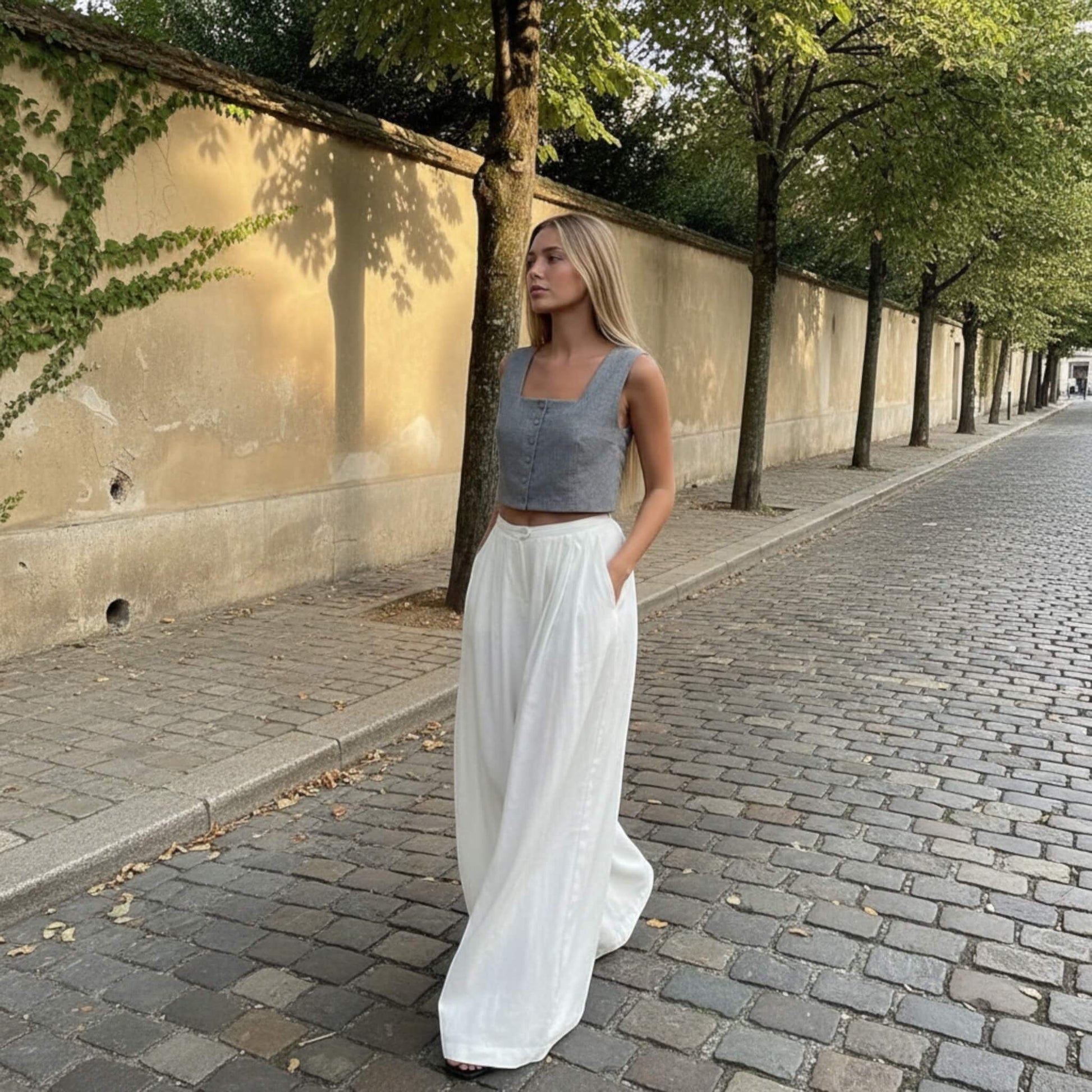 Pleated Linen Palazzo Pants, High Waist Wide Leg Pants