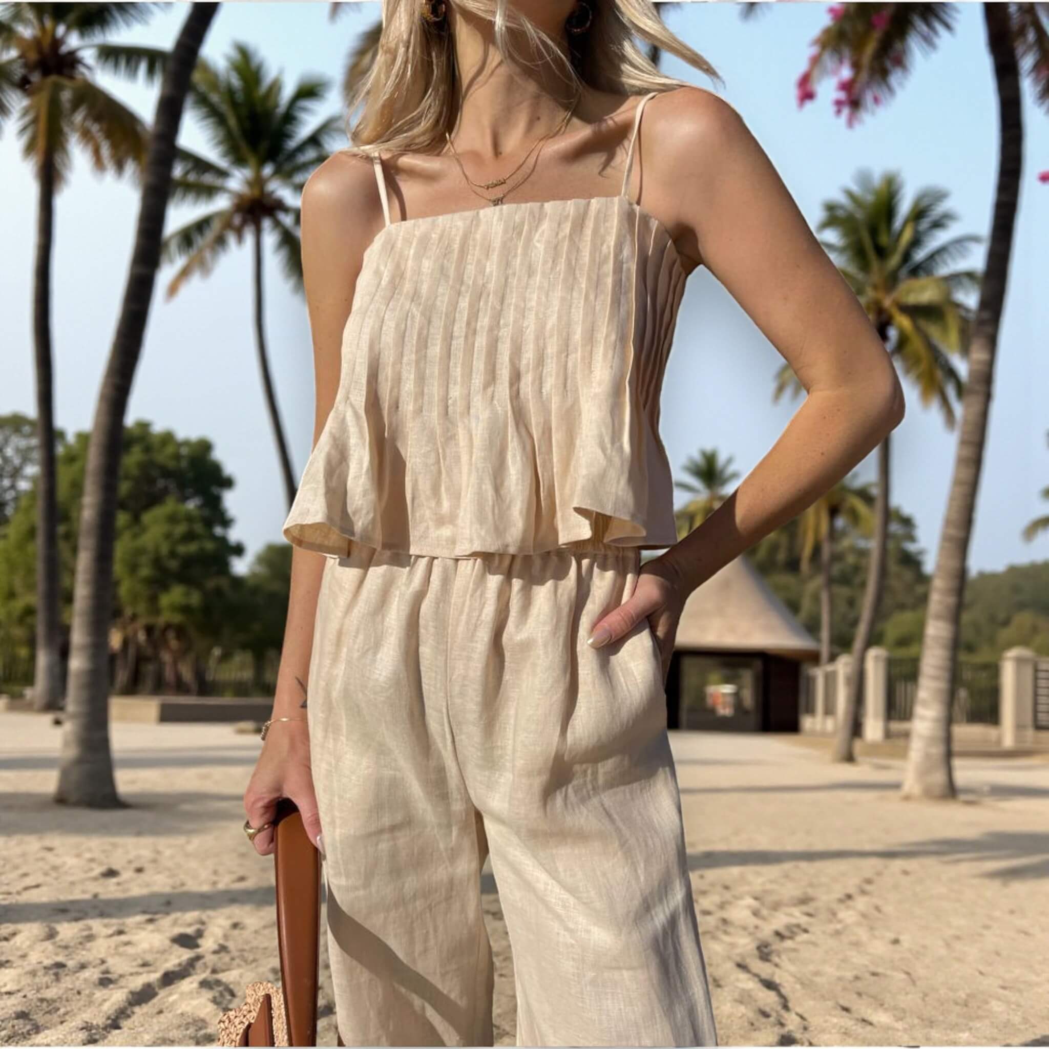 Pleated Linen Peplum Top, Pleated Spaghetti Strap Crop Top