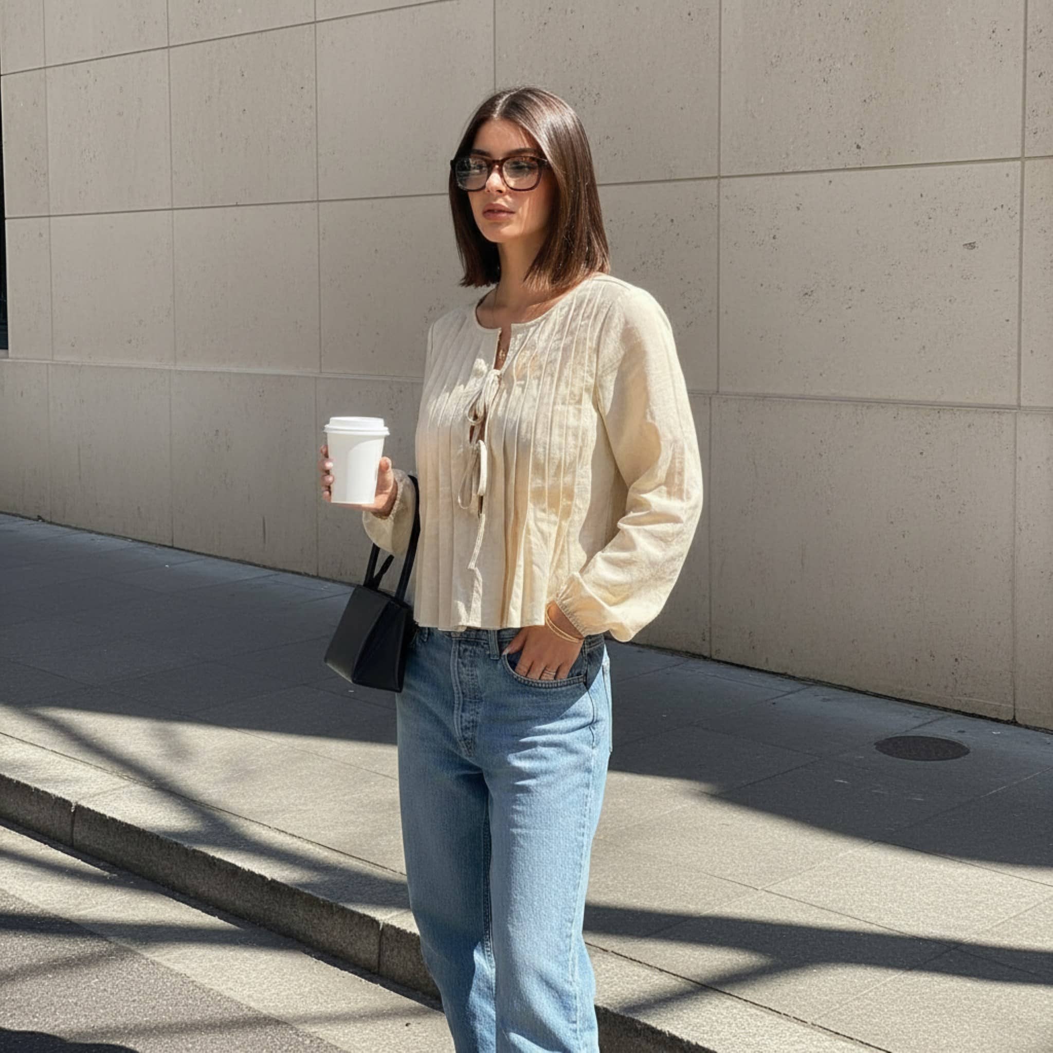 Pleated Linen Tie Front Top, Long Sleeve Linen Blouse