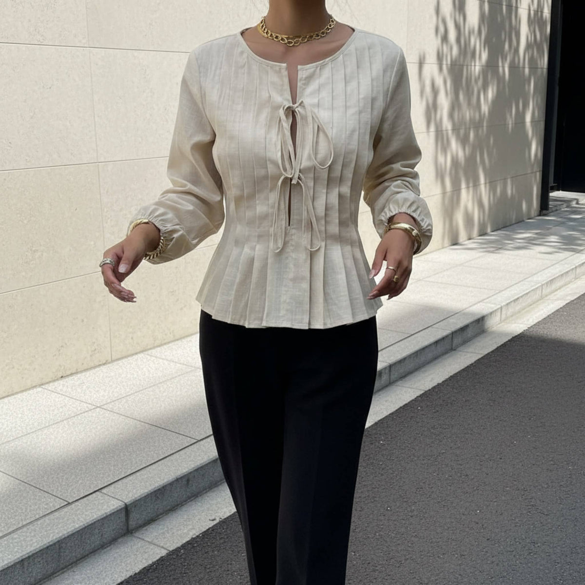 Pleated Linen Tie Front Top, Long Sleeve Linen Blouse