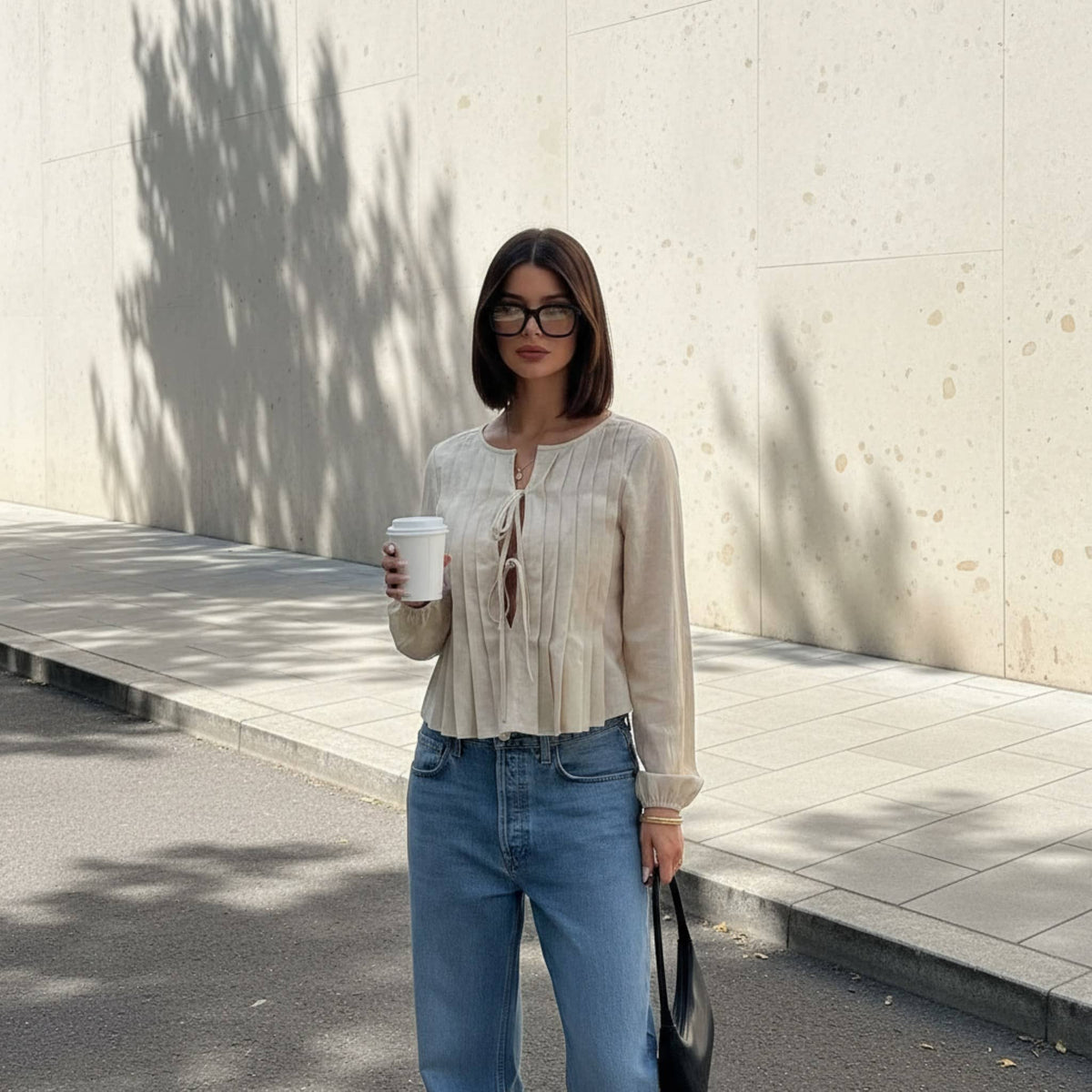 Pleated Linen Tie Front Top, Long Sleeve Linen Blouse