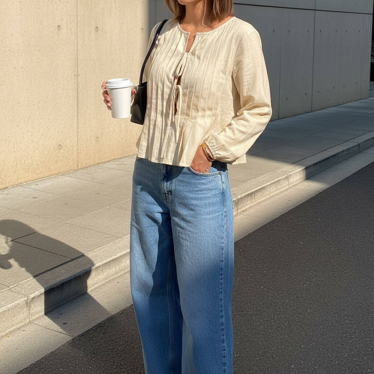 Pleated Linen Tie Front Top, Long Sleeve Linen Blouse
