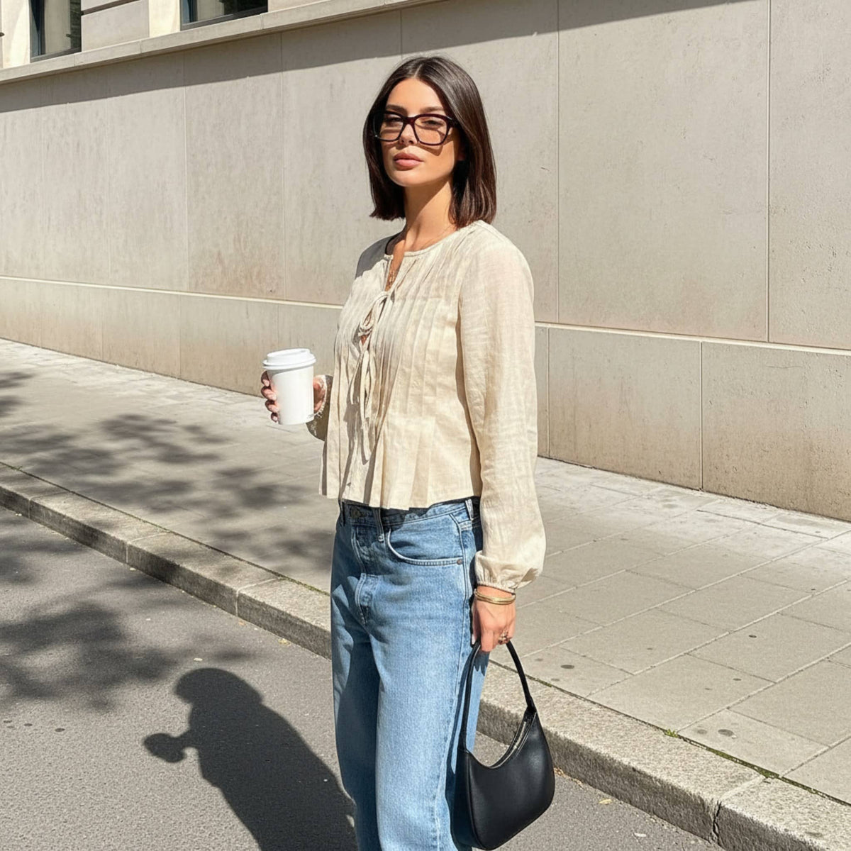 Pleated Linen Tie Front Top, Long Sleeve Linen Blouse