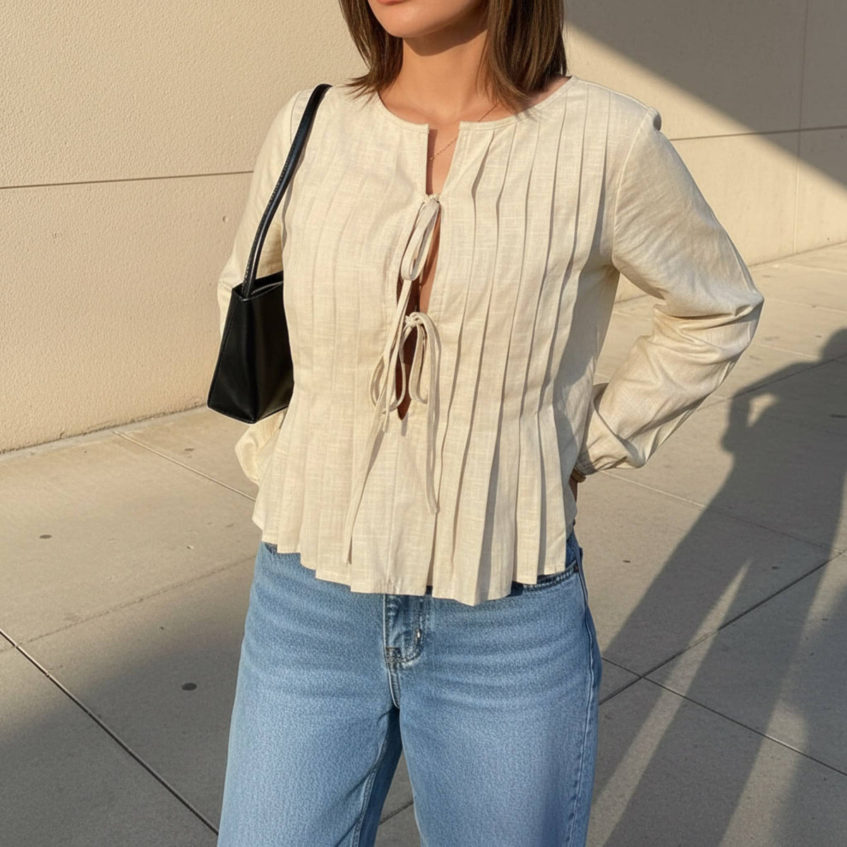 Pleated Linen Tie Front Top, Long Sleeve Linen Blouse