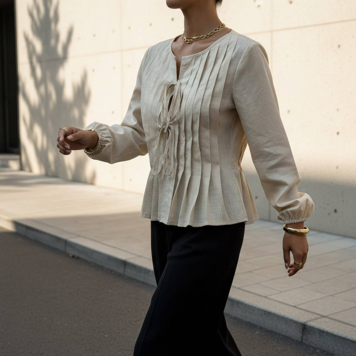 Pleated Linen Tie Front Top, Long Sleeve Linen Blouse