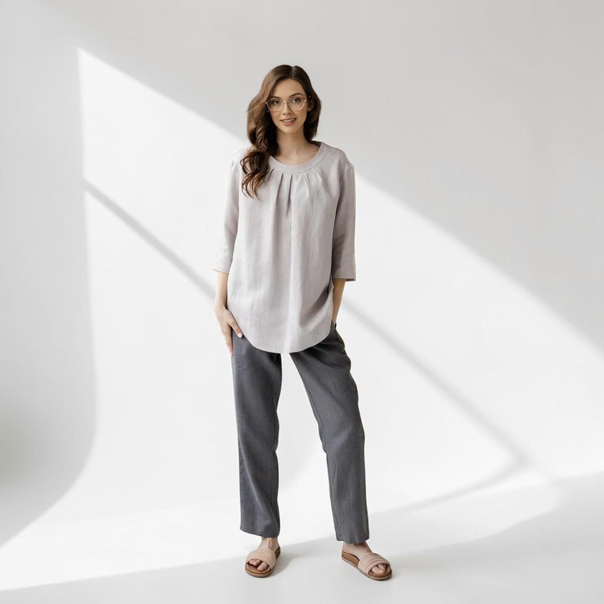 Pleated Linen Tunic Top, 3/4 Sleeve