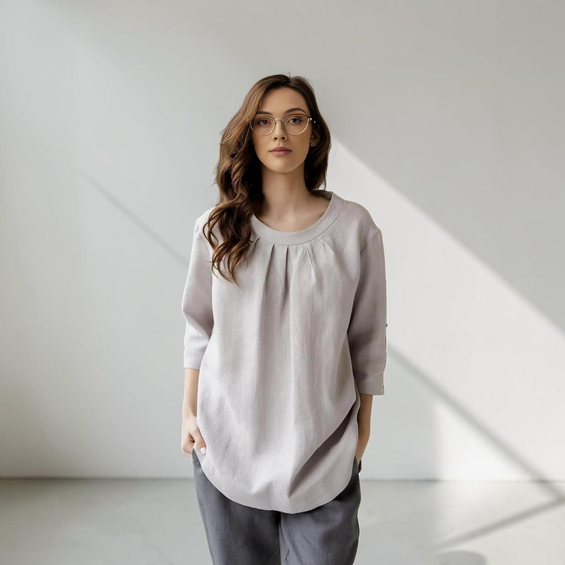 Pleated Linen Tunic Top, 3/4 Sleeve