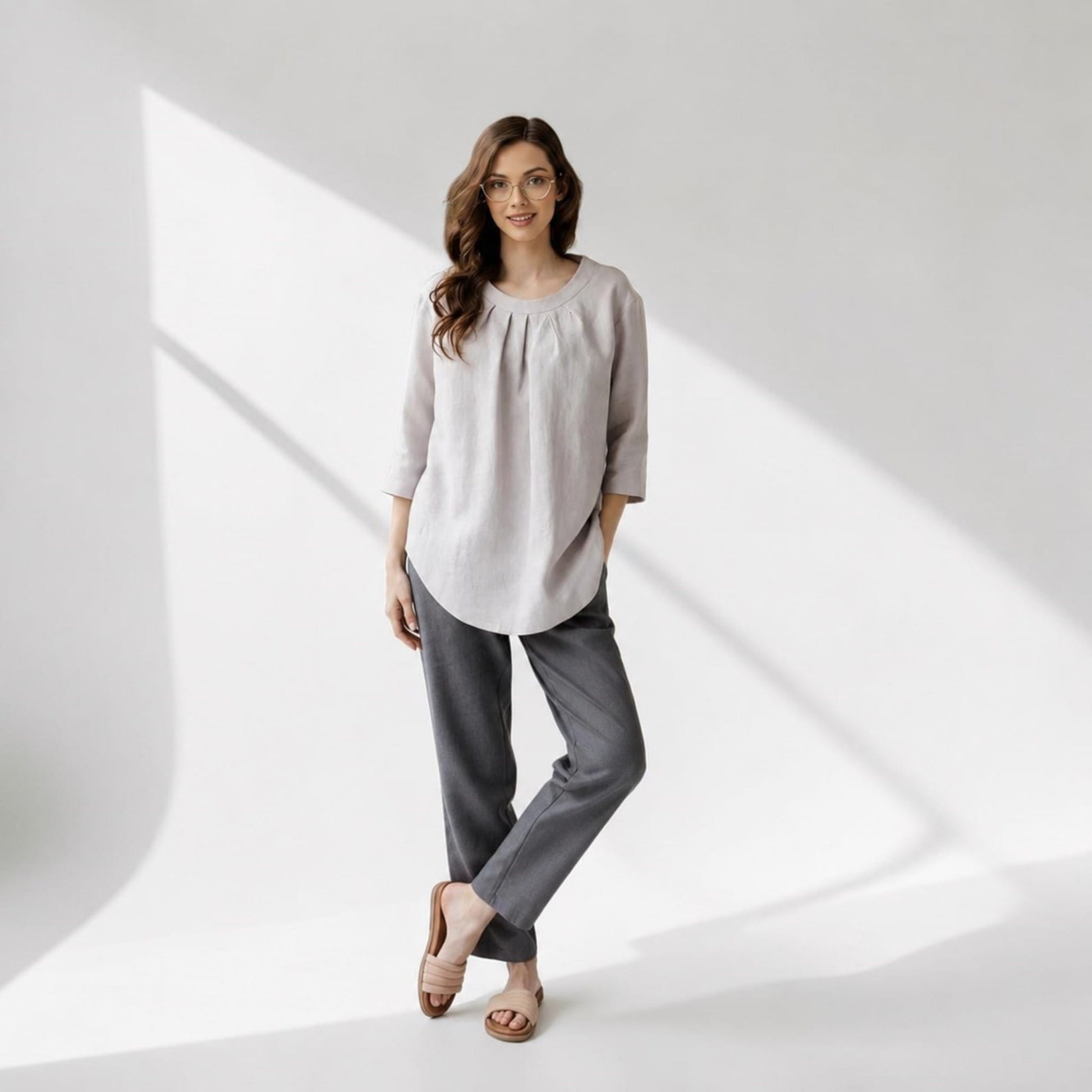 Pleated Linen Tunic Top, 3/4 Sleeve