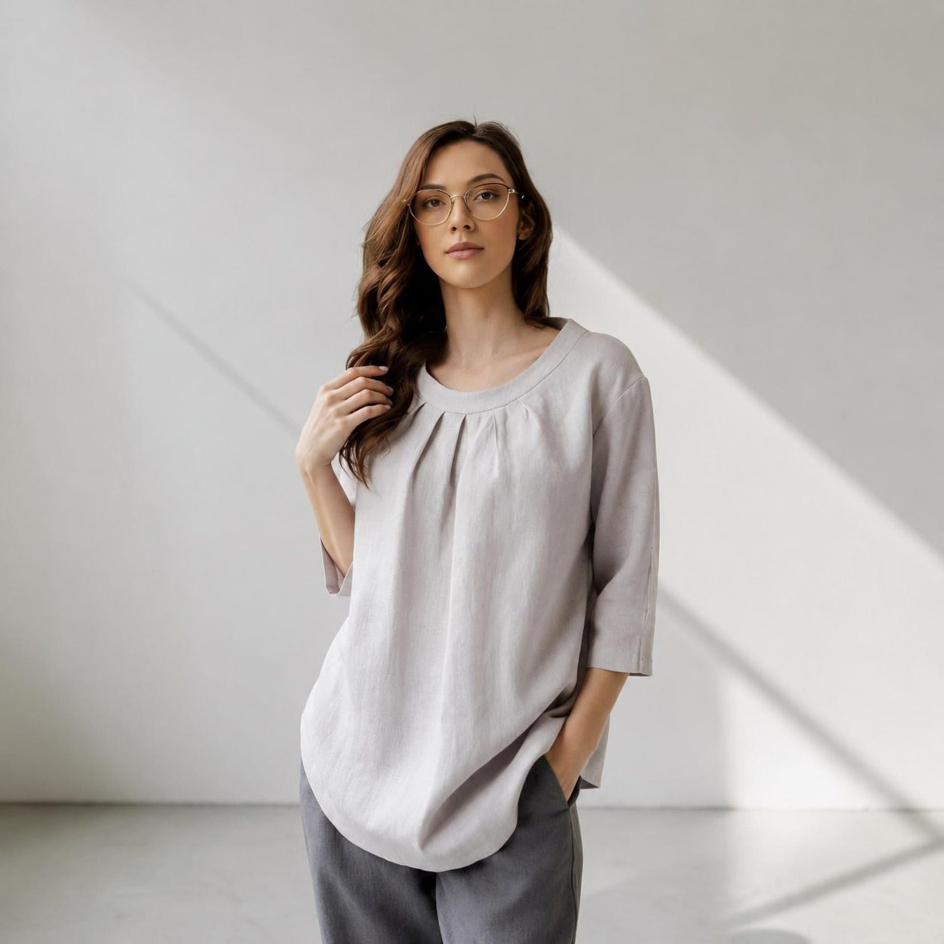 Pleated Linen Tunic Top, 3/4 Sleeve